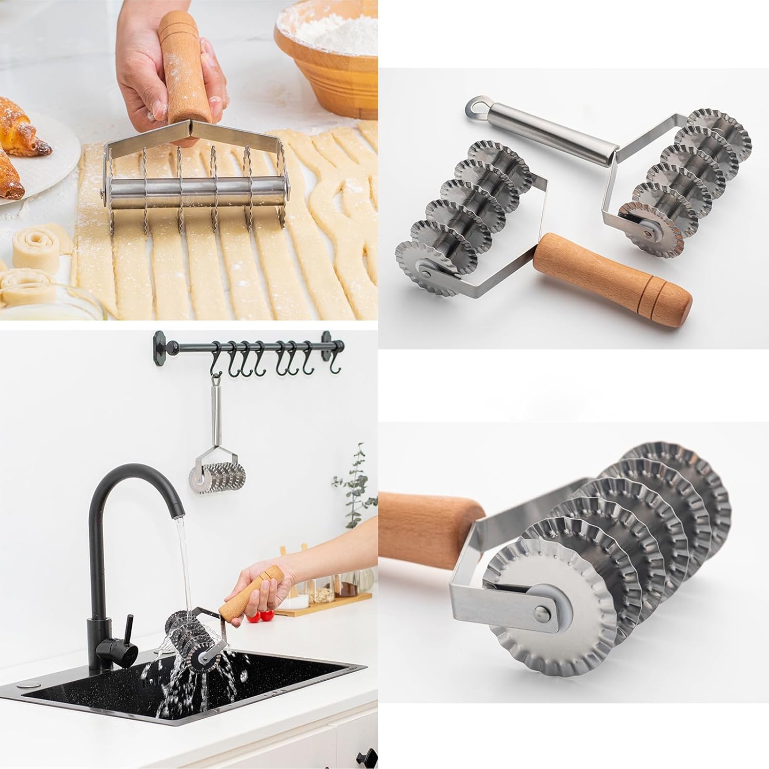 Lattice Pastry Cutter Roller Wooden Handle Stainless Steel Pasta Noodle Cutter Wheel Dough Cutting Tool for Pizza Cookie Pie Bread Puff Ravioli Spaghetti Baking Kitchen Utensil