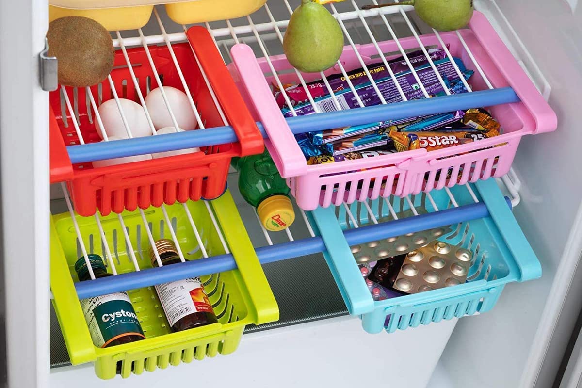 Hi-Res 4 Pcs Expandable Adjustable Fridge Storage Basket Under Shelf Fridge Organiser Rack Space Saver Refrigerator Sliding Drawers - Unbreakable (Multicolor)