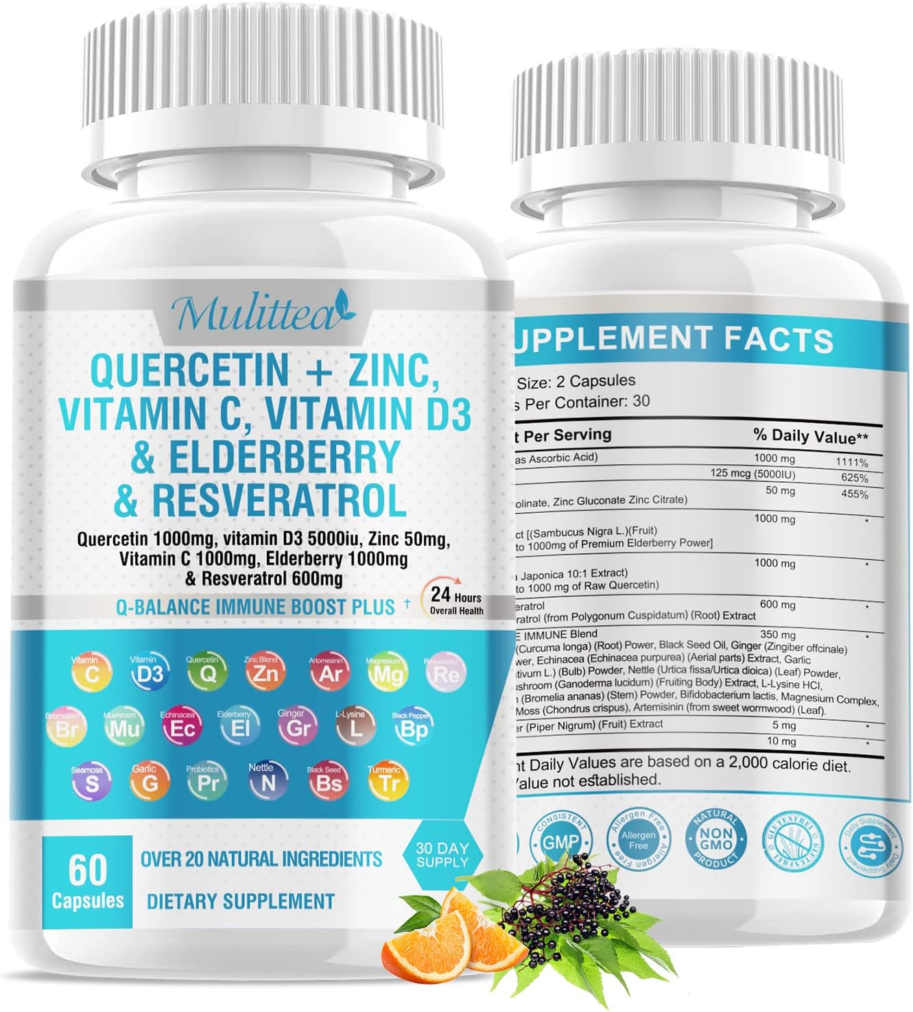 MULITTEA Quercetina 1000mg Zinc 50mg Vitamina C 1000mg D3 5000IU