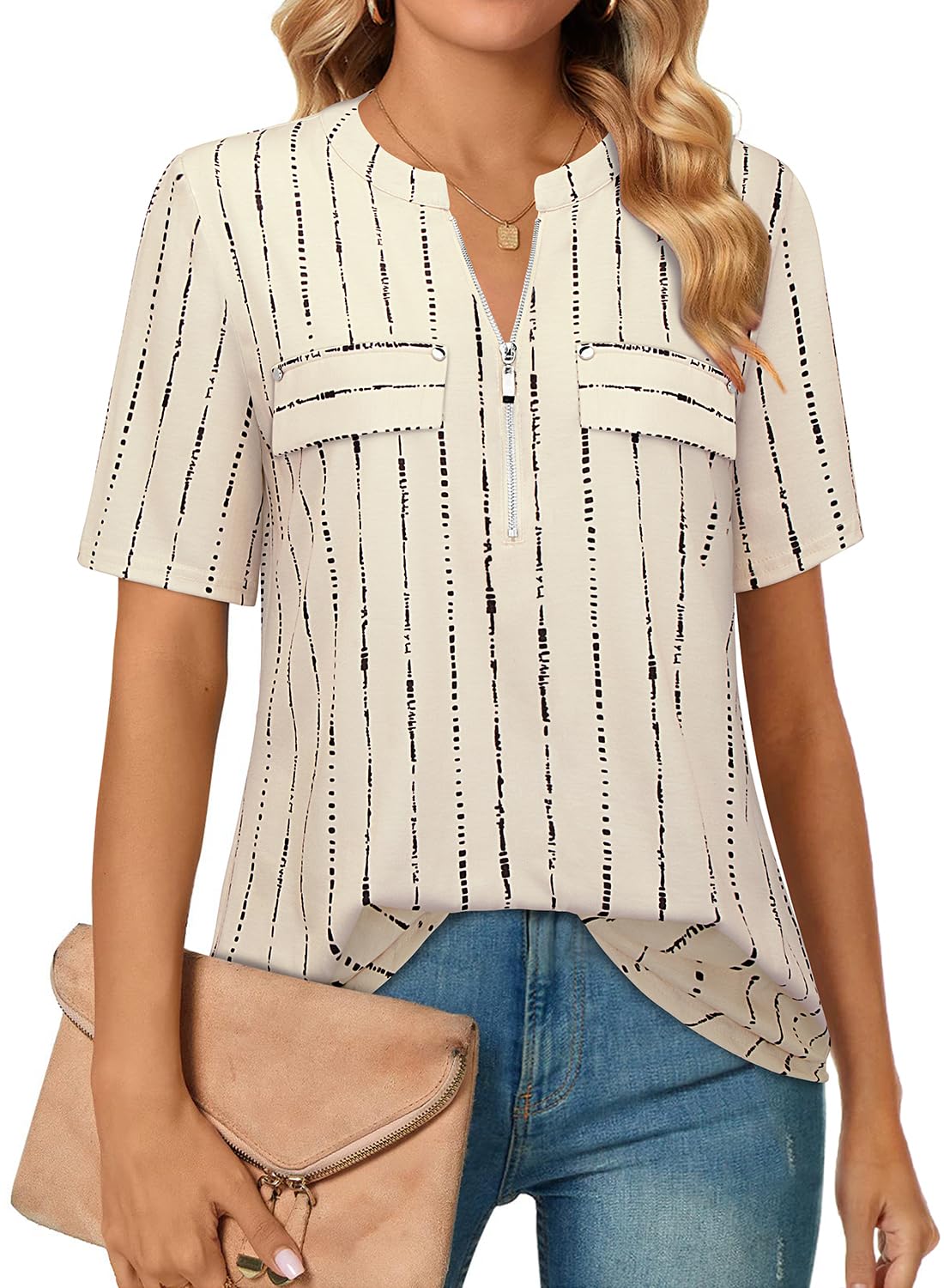 Amrto Damen V-Ausschnitt Shirts Kurzarm Casual T-Shirt Bluse mit Reißverschluss Sommer Tunika Tops Oberteil Locker Lässig