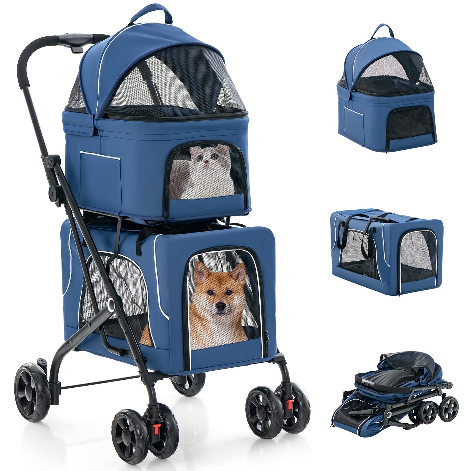 Giantex Double Dog Stroller for 2 Dogs, Detachable Carriers, Safety Belt, 4 Lockable Wheels, Pet Travel Carrier Strolling Cart, Folding Cat Stroller