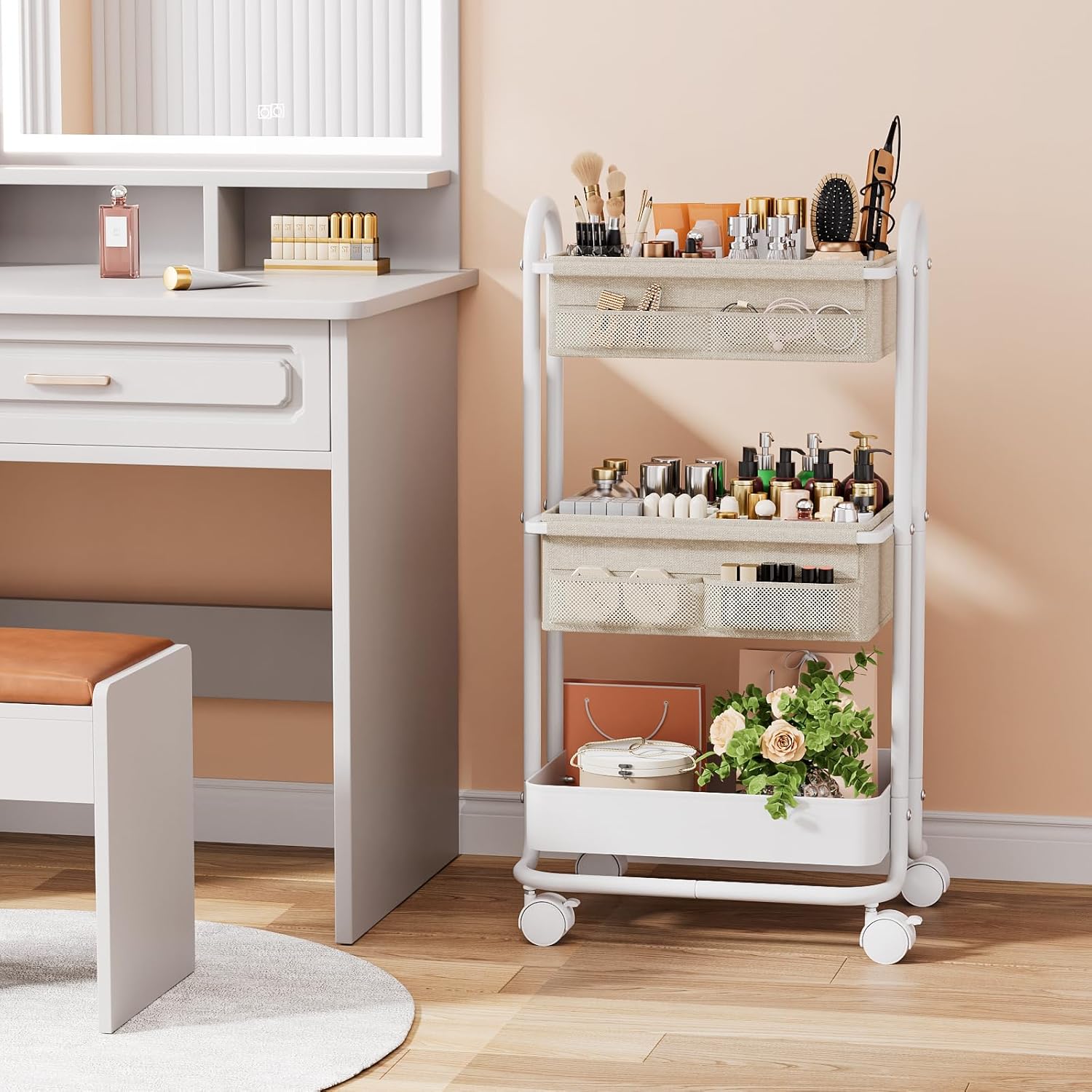 Baby Diaper Caddy Organizer Cart - 3 Tier Rolling Storage Cart with Wheels, Baby Essentials Nursery Storage, Detachable Dividers - for Crib, Bedroom, Art & Craft Organizer (Off White) - Image 5