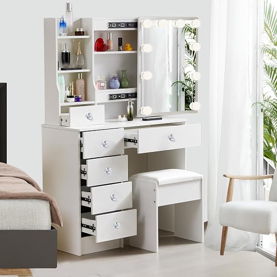 White Vanity Set with Mirror, 10 LED Bulbs, Adjustable Light & 3 Color Settings, Dressing Table with 6 Drawers, 6 Shelves, Includes Stool, 80x36x130cm
