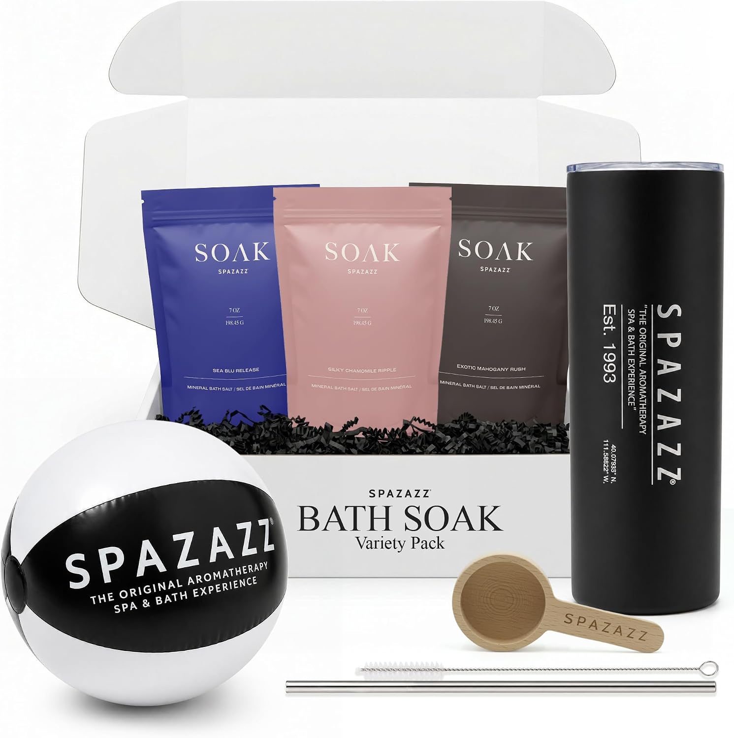 Spazazz Soak Bag Gift Set – 7oz Exotic Mahogany Rush, Silky Chamomile Ripple & Sea Blu Release Aromatherapy Bath Soak with Bath Salt Scoop, Tumbler, Straw & Mini Beach Ball