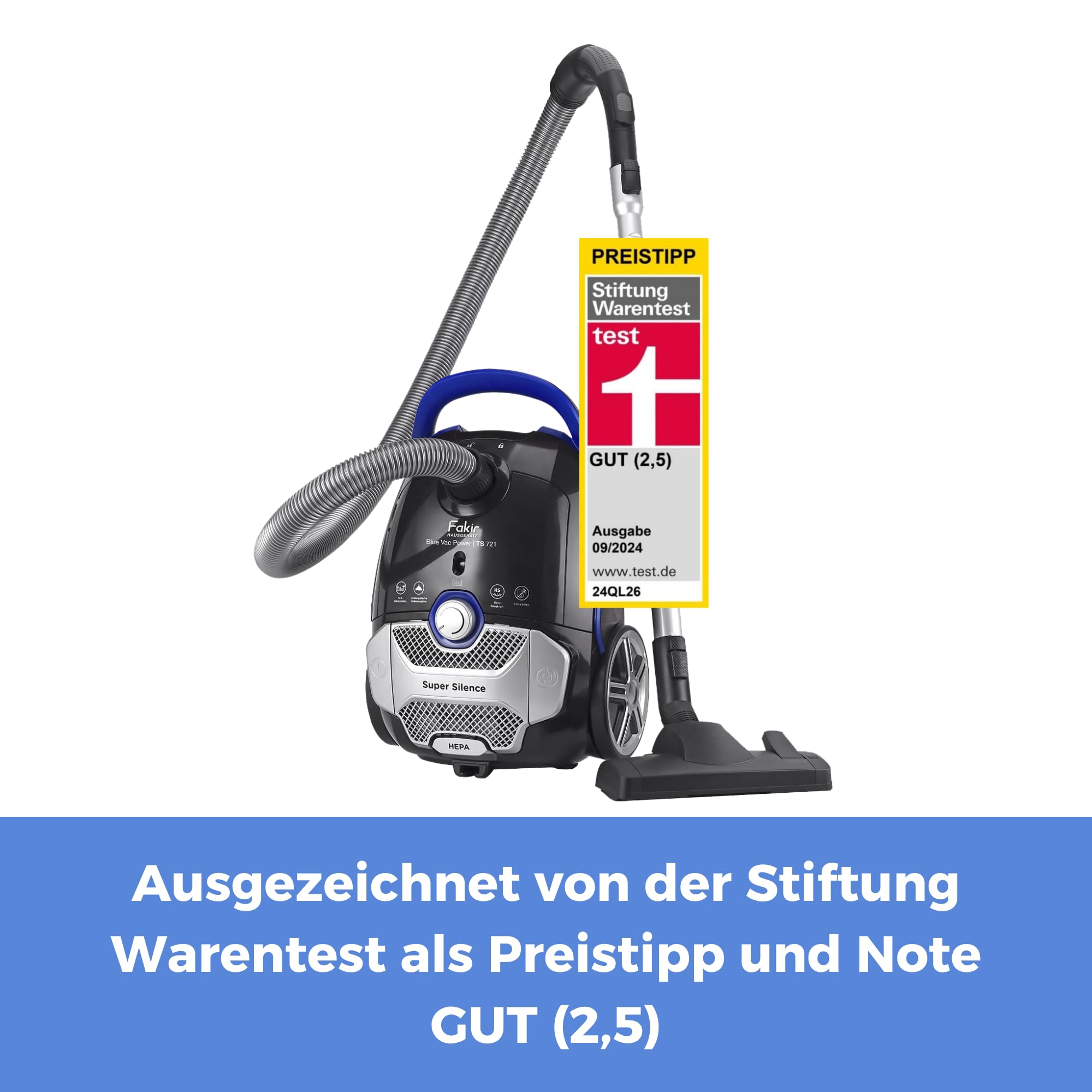 Fakir Blue Vac Power TS 721 Staubsauger mit Beutel 800W, Bodenstaubsauger mit Kabel, HEPA H14 Filter, sehr leisem Hocheffizienzmotor 69dB(A), großem 3l Staubbeutel & 12m Aktionsradius, Schwarz/Blau