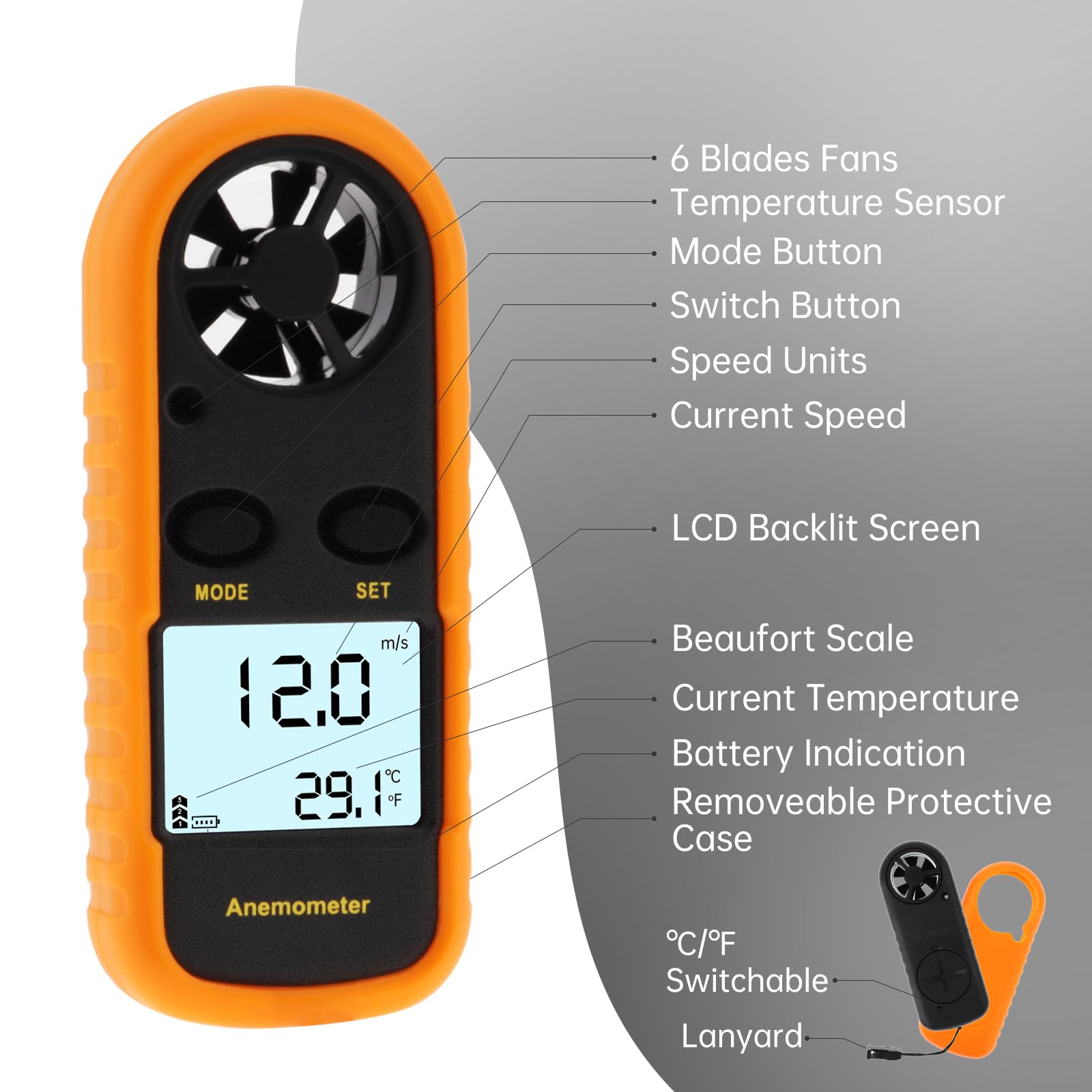 Anémomètre Portable, Anémomètre Numérique Haute Précision, anémomètre à écran LCD pour le vol de cerf-volant/météorologie/pêche avec vitesse de l'air MAX/MIN/AVG, test de température du vent