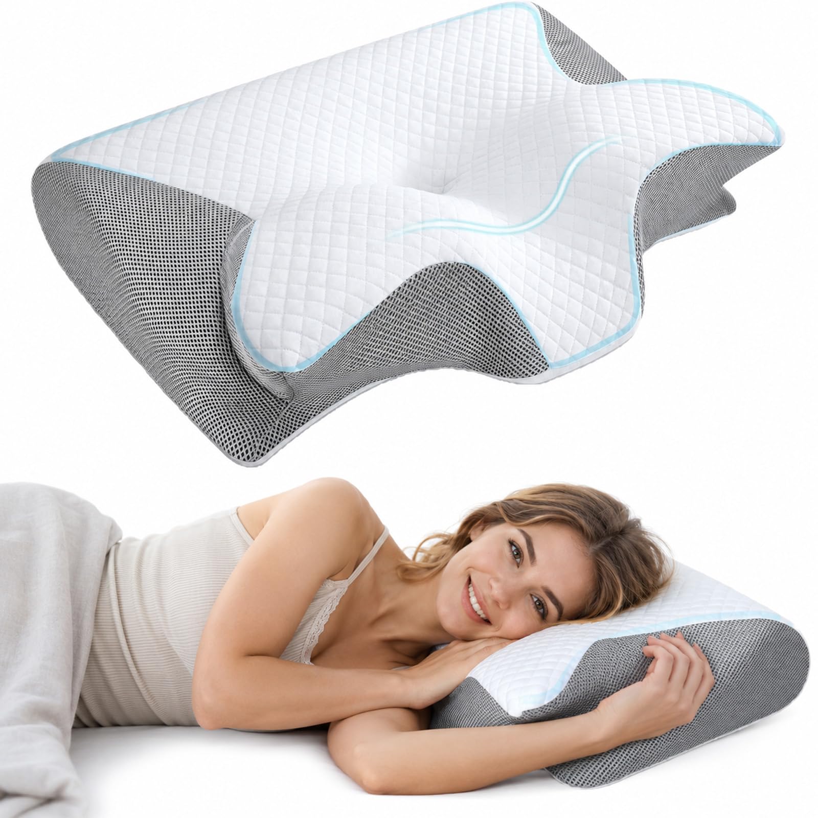 Noctis Almohada Cervical, Almohada Noctis de Espuma Viscoelástica de Recuperación Lenta, Diseño Mariposa Ergonómico con Funda Lavable, para Dormir de Lado, Boca Arriba y Boca Abajo (Gris)