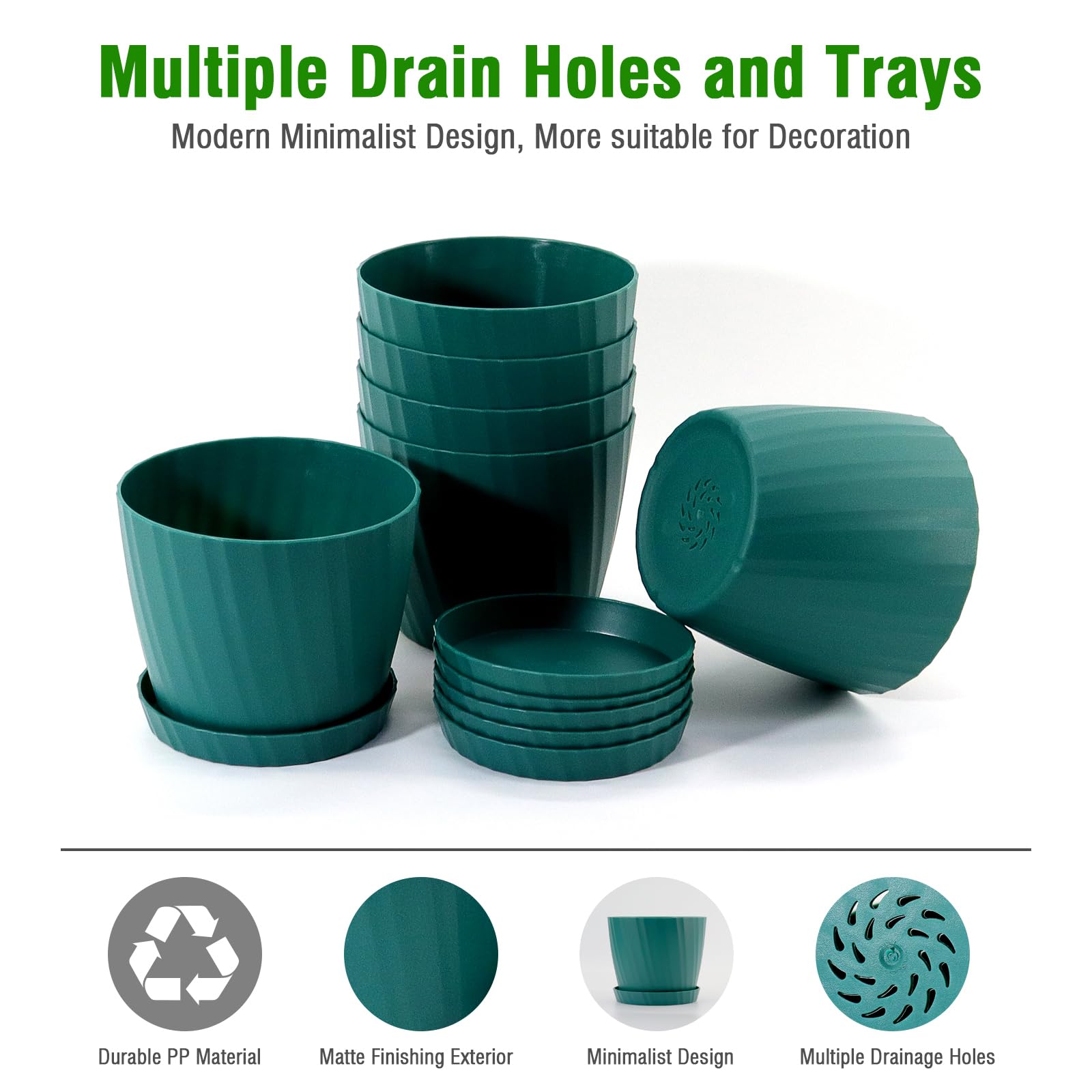 Lot De 6 Pots De Fleurs Avec Soucoupes - 15.2 Cm - Plastique Vert - Trous De Drainage - Pour Intérieur Et Balcon