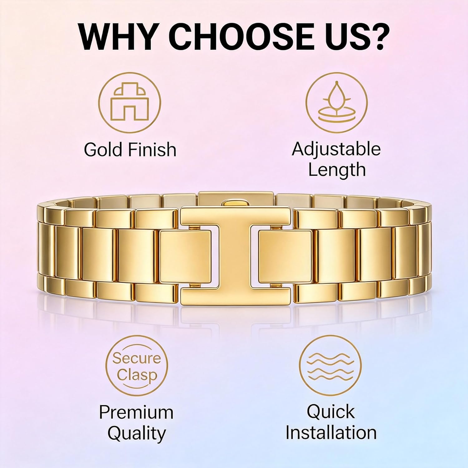 2-piece set of gold watch or bracelet folding clasps, stainless steel watch extension buckles, watch extenders, square metal watch band replacement parts, suitable for DIY women's handmade jewelry. - Image 4