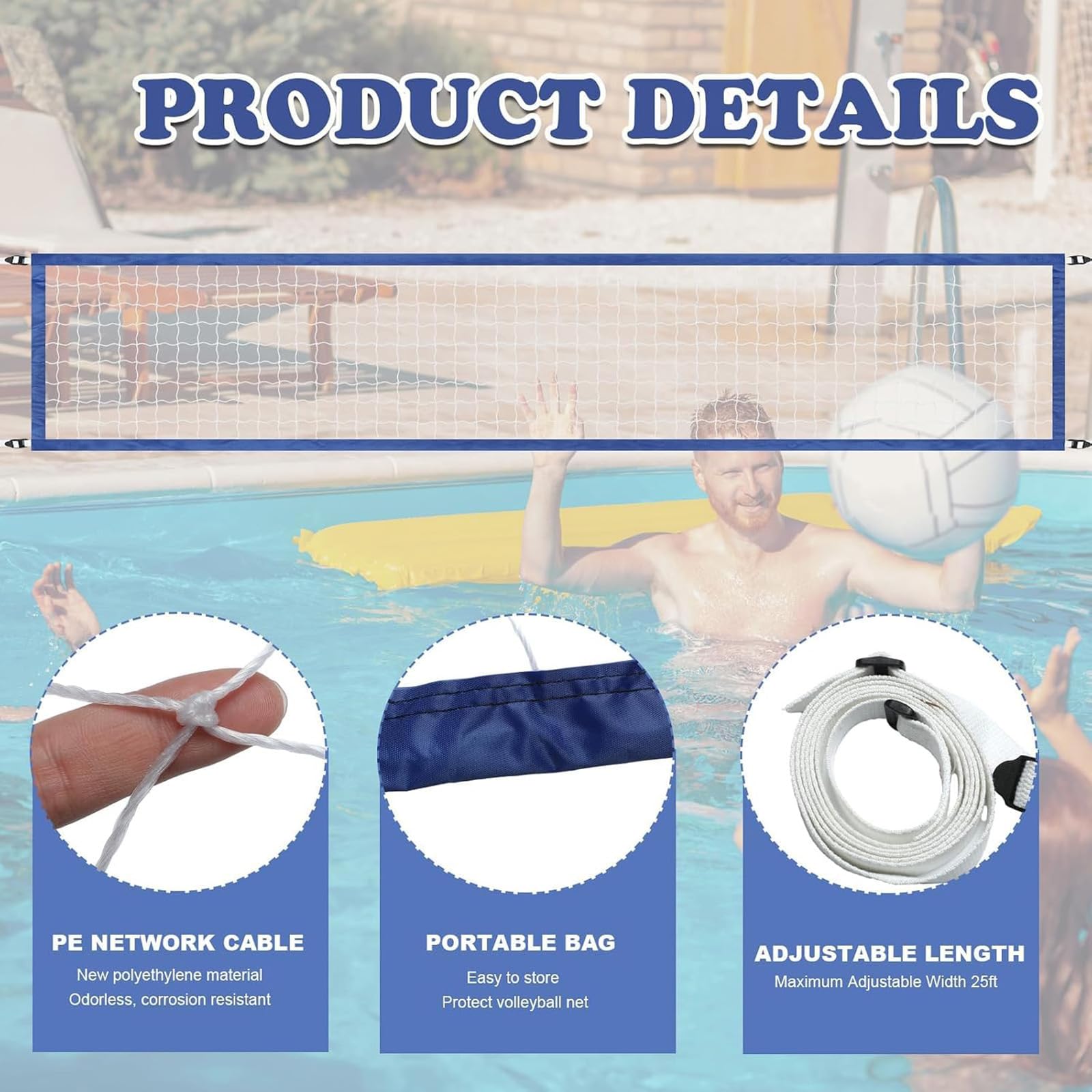 Pool Volleyball Netz 457 x 91 cm – Volleyballnetz Pool aus Strapazierfähigem PE,Höhenverstellbares Ersatznetz,Wasserdichtes Poolnetz mit Tragetasche,Für Garten,Strand,Schwimmbad und Outdoor-Spiele