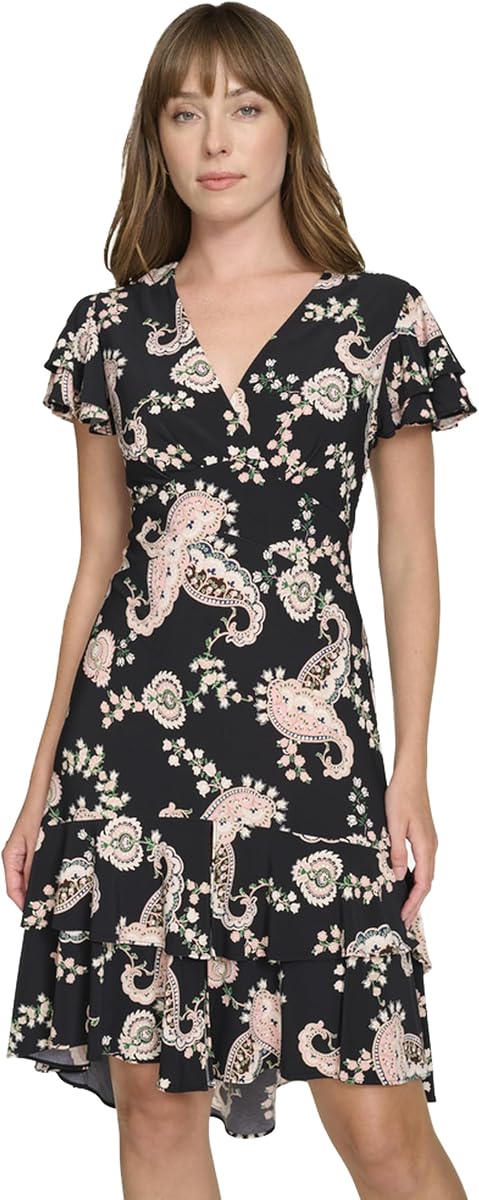 Tommy Hilfiger Women's Flutter Sleeve V-Neck Ruffle Trim Chiffon Mini Dress