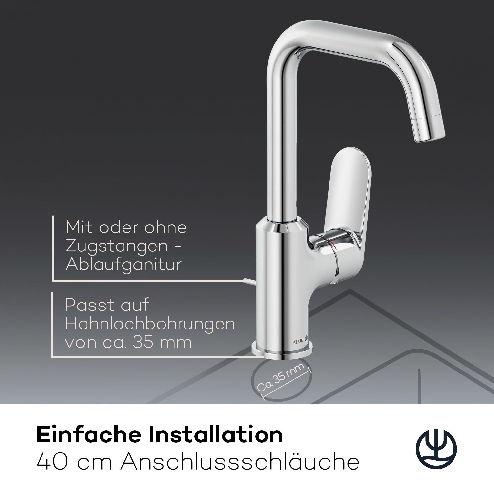 KLUDI-X1 Wasserhahn Bad mit Zugstangen-Ablauf, 360° schwenkbar, Auslaufhöhe 205 mm, wassersparende Waschtischarmatur Größe L, Mischbatterie Waschbecken inkl. Anschlussschläuche in Chrom