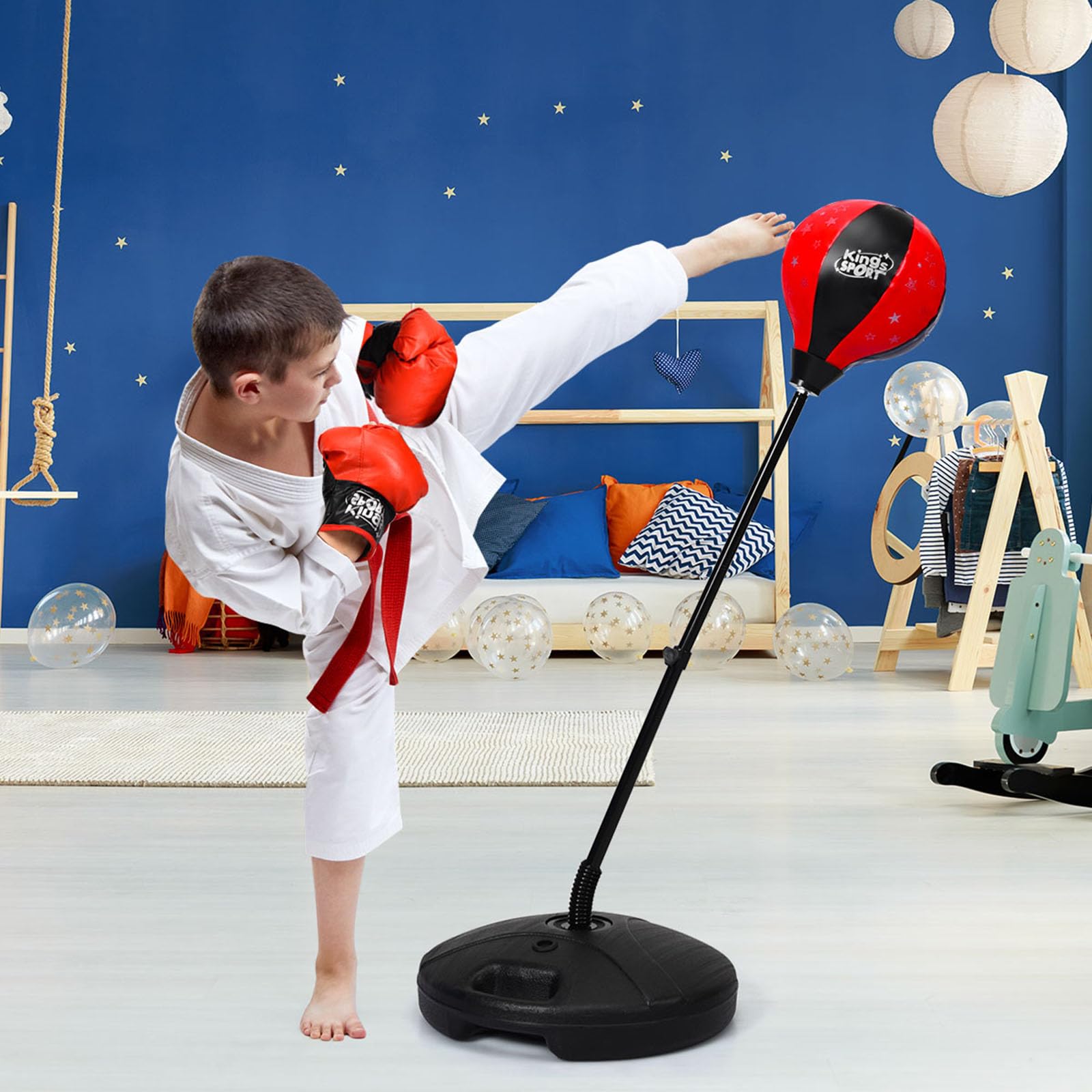 COSTWAY Saco de Boxeo para Niños Juego de Boxeo Altura Ajustable 81 – 123 cm con Guantes de Boxeo y Bomba Manual, Set de Boxeo para Niños y Jóvenes