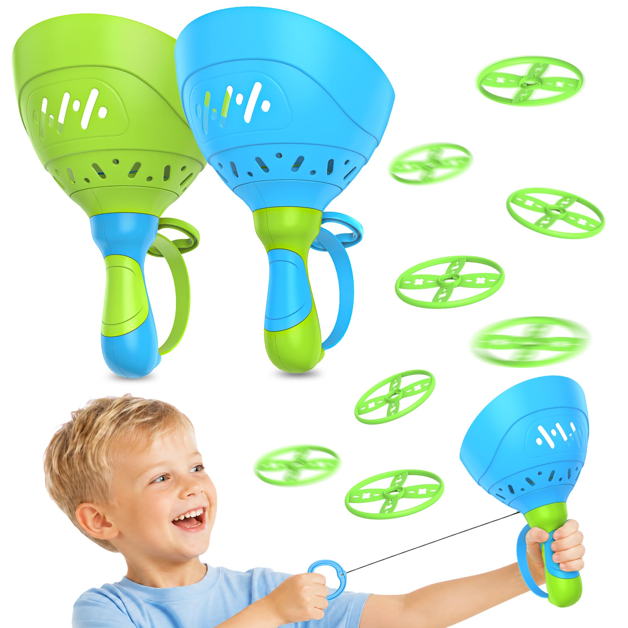 Kssvzz Outdoor Toys for Kids Age 4 5 6 7 8, Garden Toys for Kids 3-12, Flying Disc Launcher Toy with 12 Discs, Outside Activities - Manual Capture Catch Game, Birthday for Boys Girls