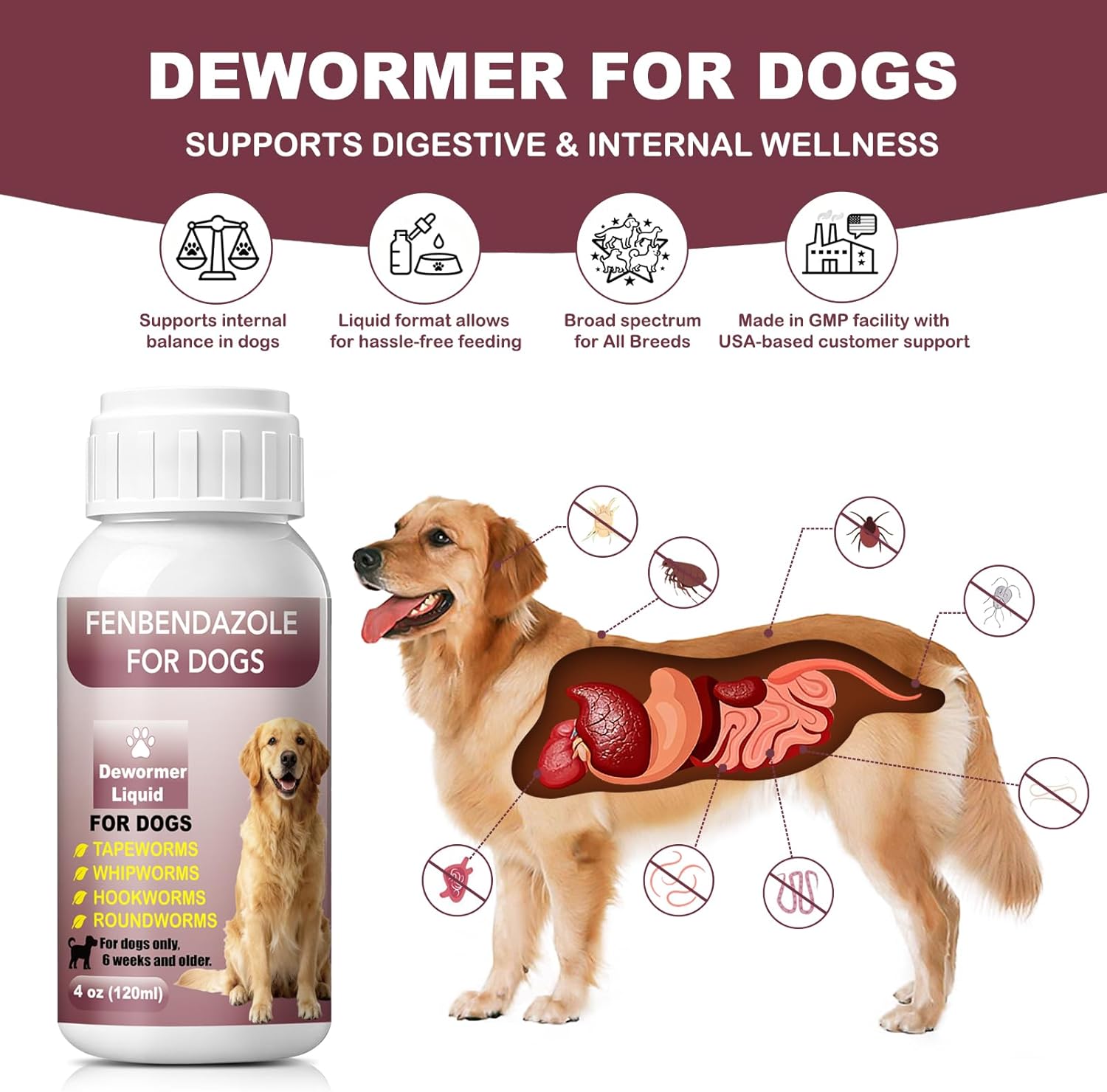Dewormer for Dogs, Fenbendazole Liquid for All wormer, Tapeworms, Roundworms, Hookworms and Whipworms, 4 oz