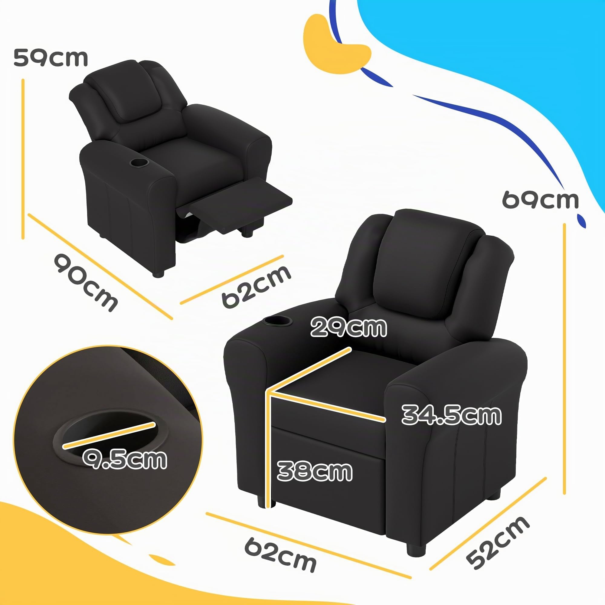 HOMCOM Fauteuil de Repos pour Enfants, Fauteuil pour Enfants en Cuir PU, pour, pour Jeunes avec Dossier réglable, Repose-Pieds, Appui-tête rembourré, Porte-gobelet,