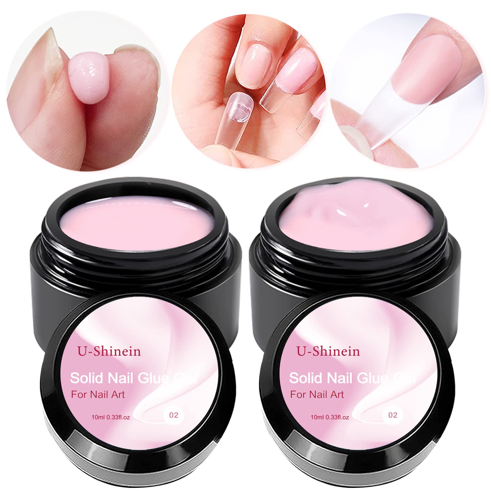 2x10ml Solid Nail Glue Gel, Pink Press-on and Acrylic Tips Polish for Nail Art - Longer Cure Time Required
