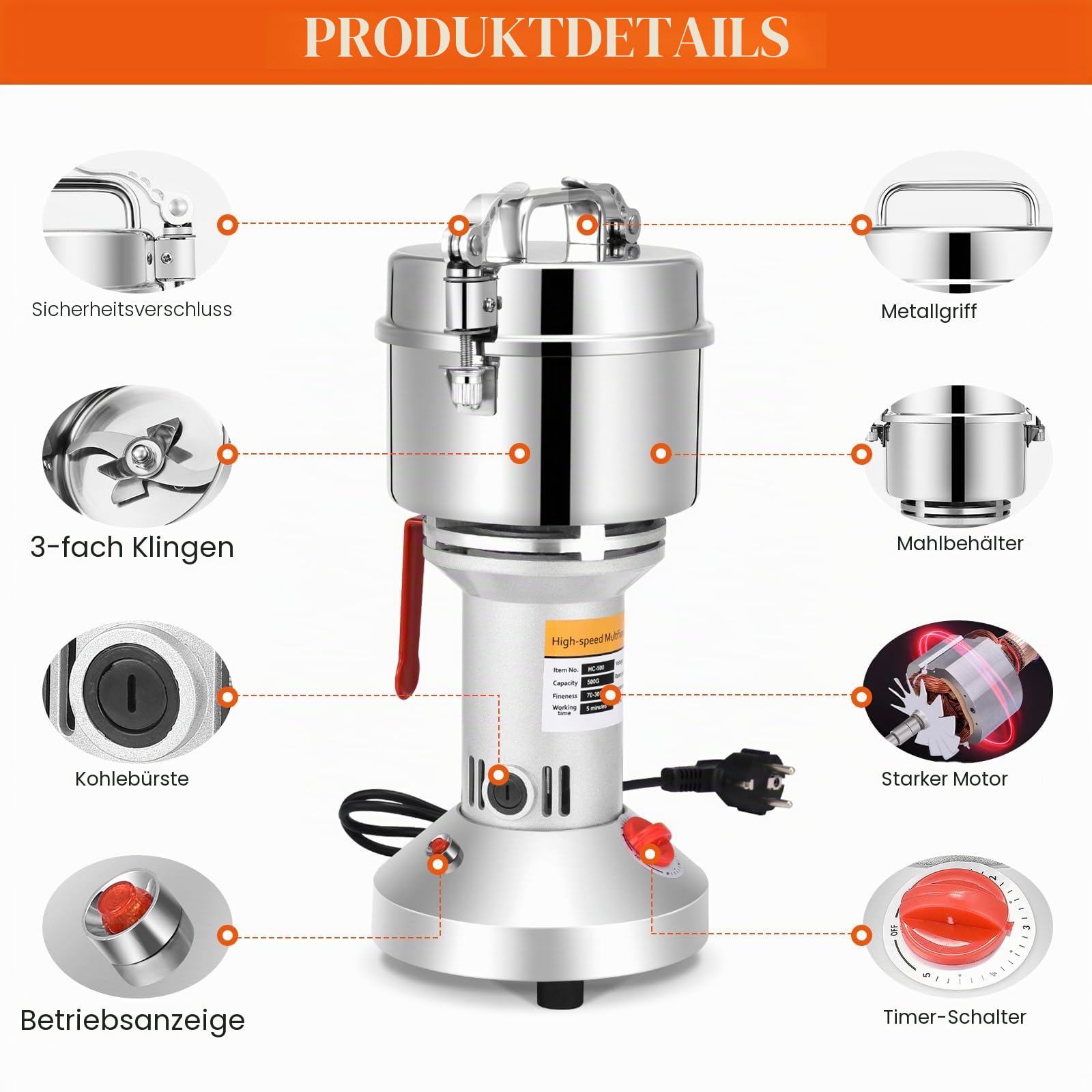Getreidemühle Elektrisch, Aomdom 500g Getreidemühle Edelstahl Mühle Elektrisch 28000rpm Starker Motor High Speed Elektrische Mühle 30s Feinmahlung für Küchengetreide Gewürz Mais