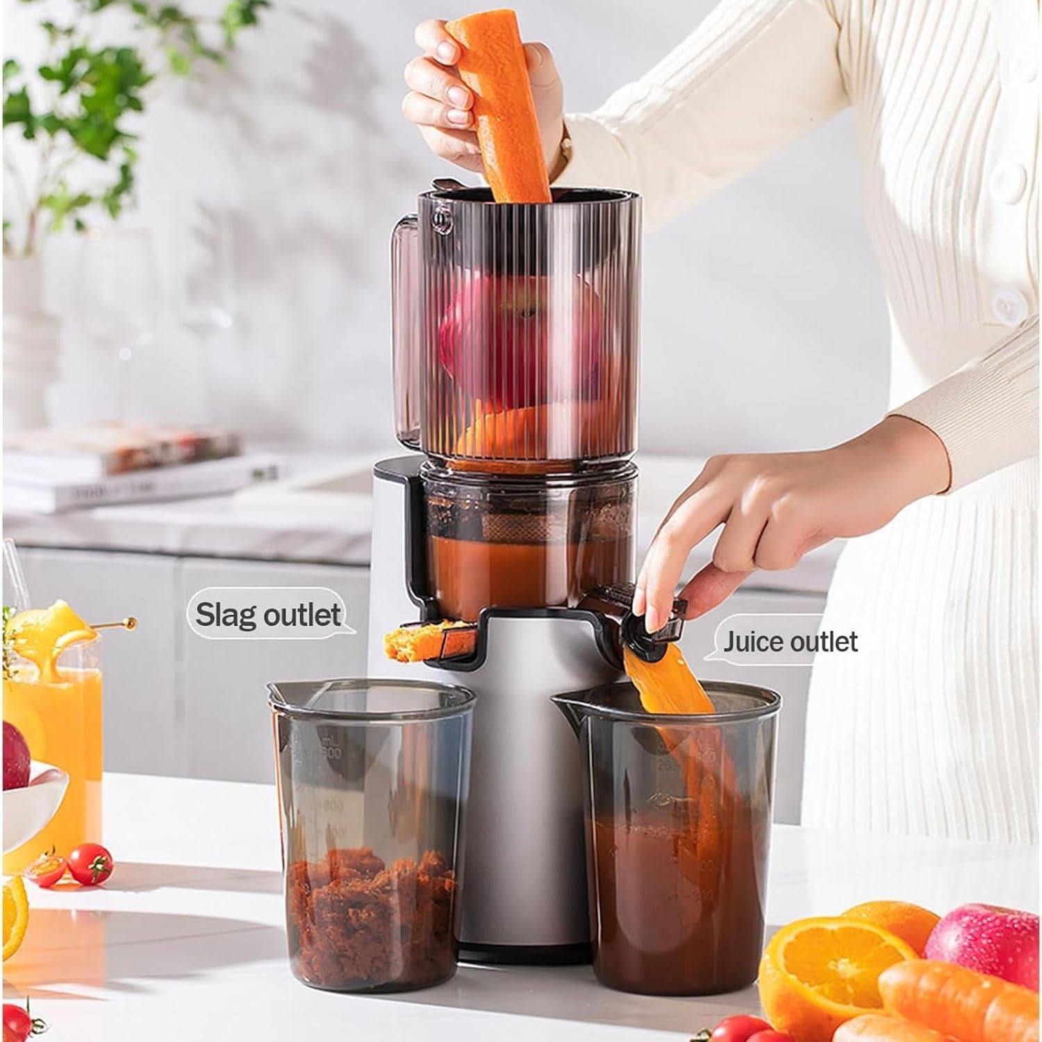 Exprimidor de Prensa en frío de 200 W, exprimidor Masticador Profesional de Baja Velocidad, exprimidor Separador de Pulpa Desmontable, alimentación automática fácil de Limpiar.,B