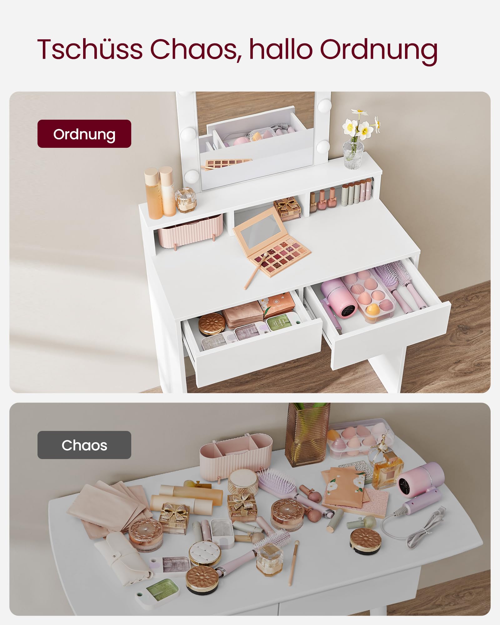 VASAGLE Kailyn Kollektion - Schminktisch mit LED-Beleuchtung, einstellbare Helligkeit, Frisiertisch mit Spiegel, Kosmetiktisch mit 2 Schubladen und 3 offenen Fächern, weiß RDT114W01