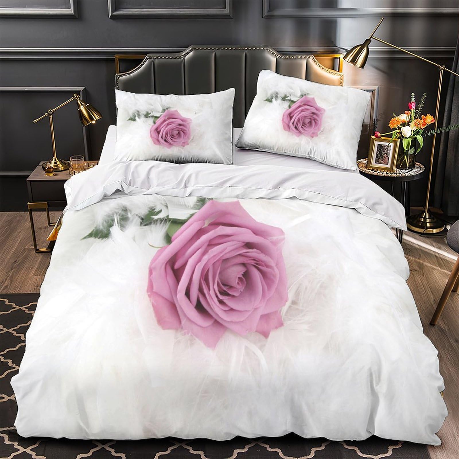 Parure de lit fleurs roses en microfibre 200x200 cm avec housse de couette imprimée 3D et zip