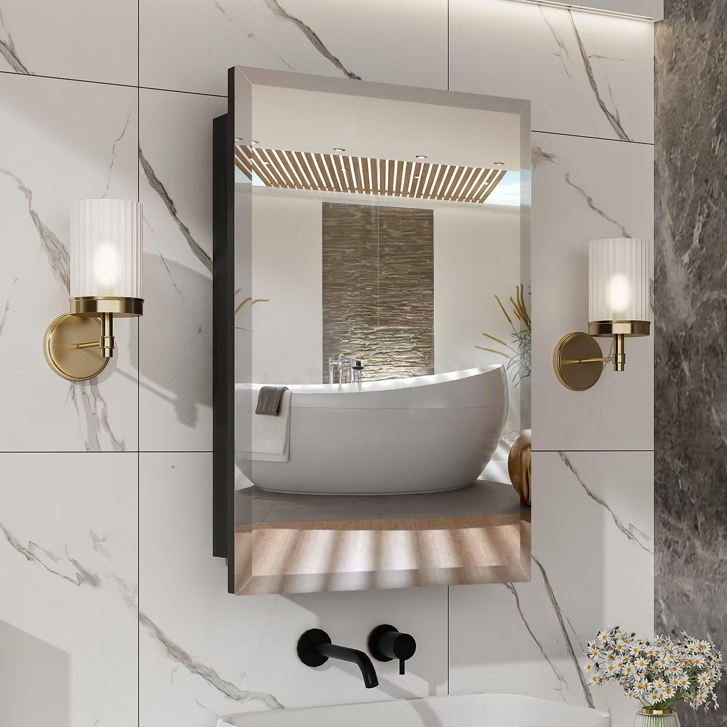 16 x 24 Inch Recessed Medicine Cabinet with Beveled Mirror, Bathroom Metal Mirror Medicine Cabinet with Adjustable Shelves, Wall Mounted Black