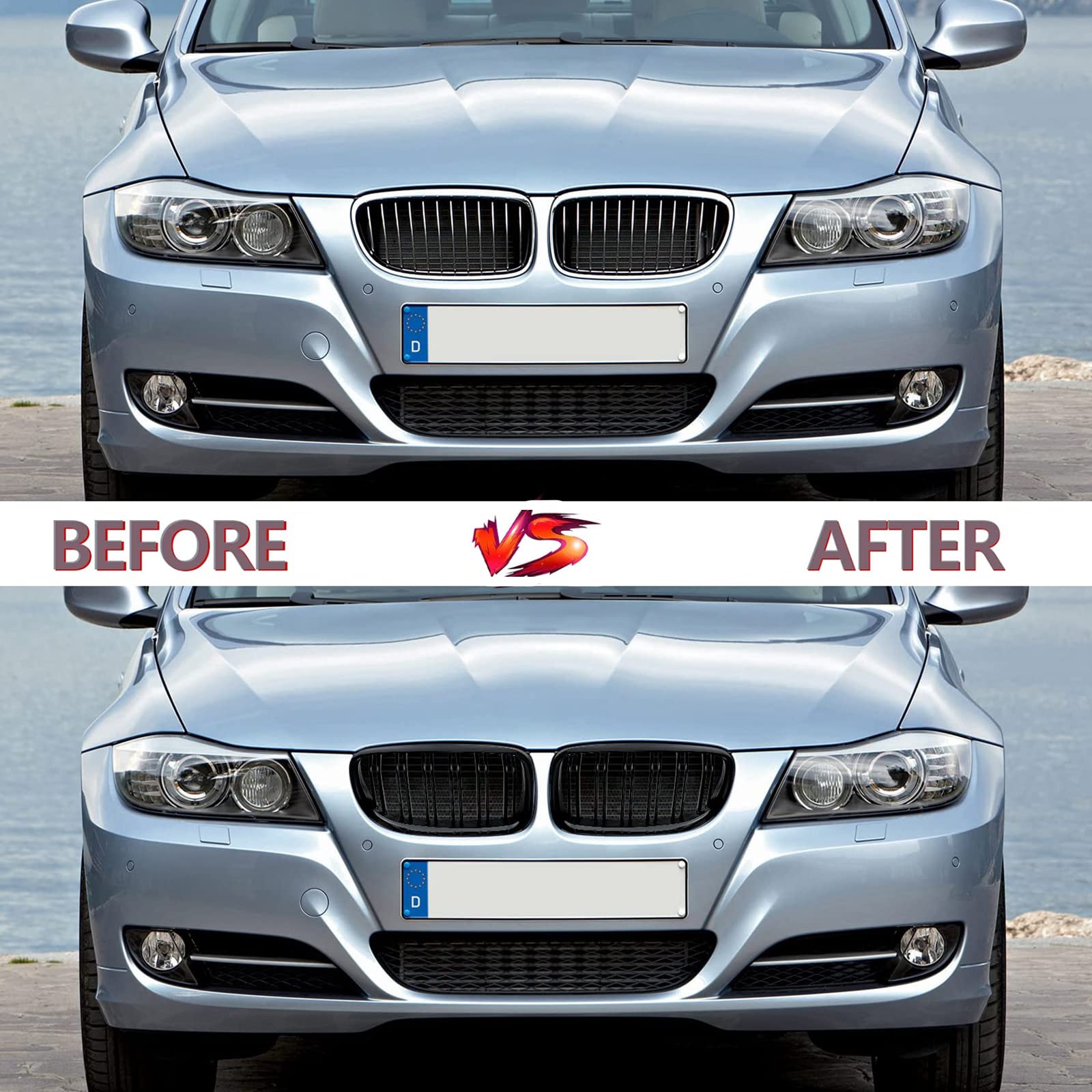 Kühlergrill Passend für BMW E90 E91 LCI Bj 2009-2011 Glanz Kühler Front Doppel Rippen Grill Glänzend Nieren Doppelsteg Schwarz