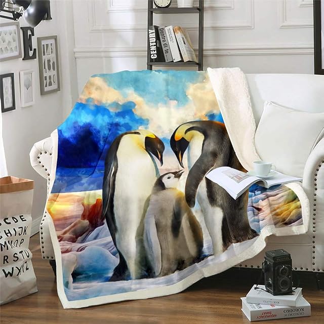 Loussiesd Penguin Sherpa Blanket Cute Polar Animal Blanket Penguin Family Fleece Blanket for Couch Travel Sofa Bedroom Decor Sea Sunset Scenery Plush Throw Blanket Baby 30"x40"
