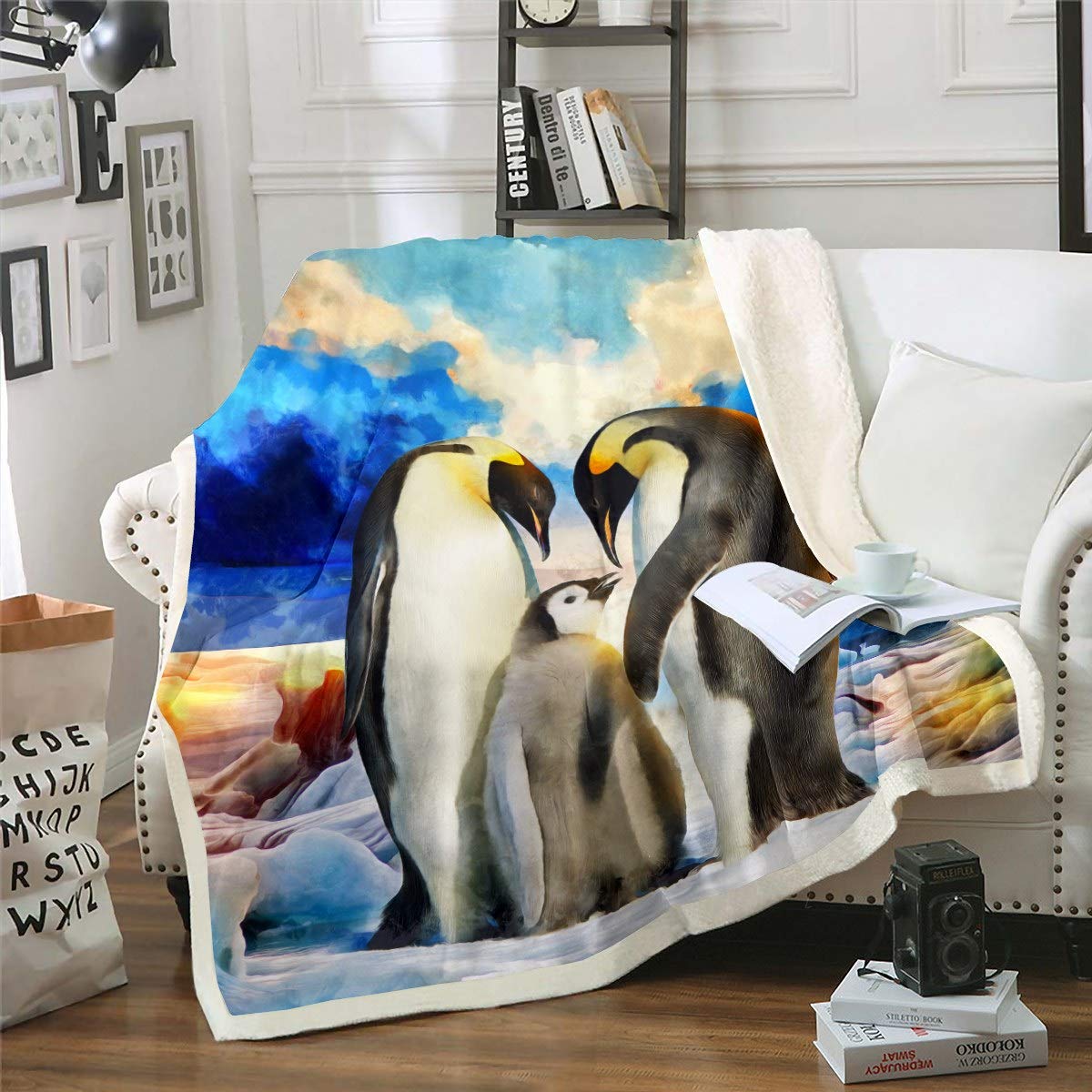Loussiesd Penguin Sherpa Blanket Cute Polar Animal Blanket Penguin Family Fleece Blanket for Couch Travel Sofa Bedroom Decor Sea Sunset Scenery Plush King 79"x90" — image 1