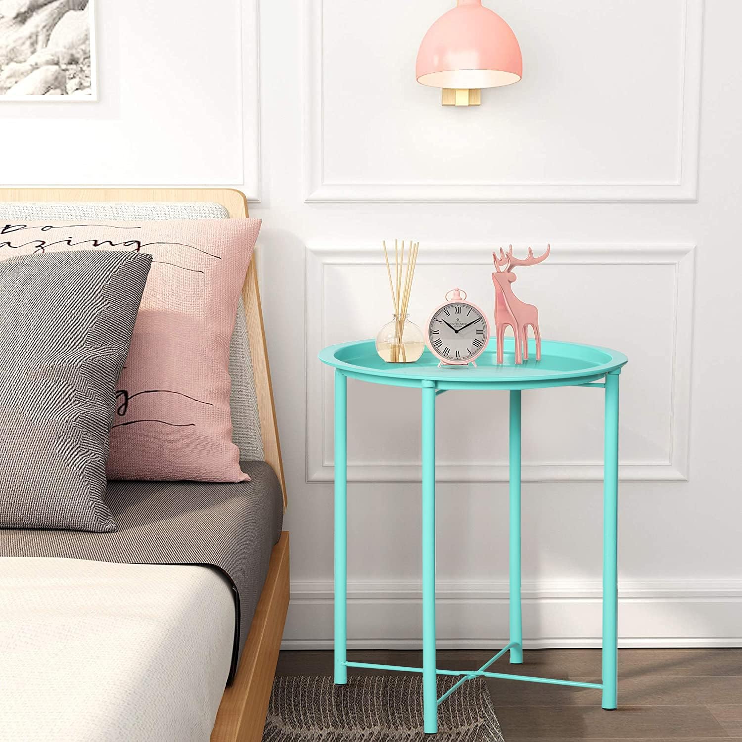 vecelo side/end table, folding round metal anti-rust and waterproof outdoor or indoor tray for living room bedroom balcony and office, 2 pcs, green green 2 pcs