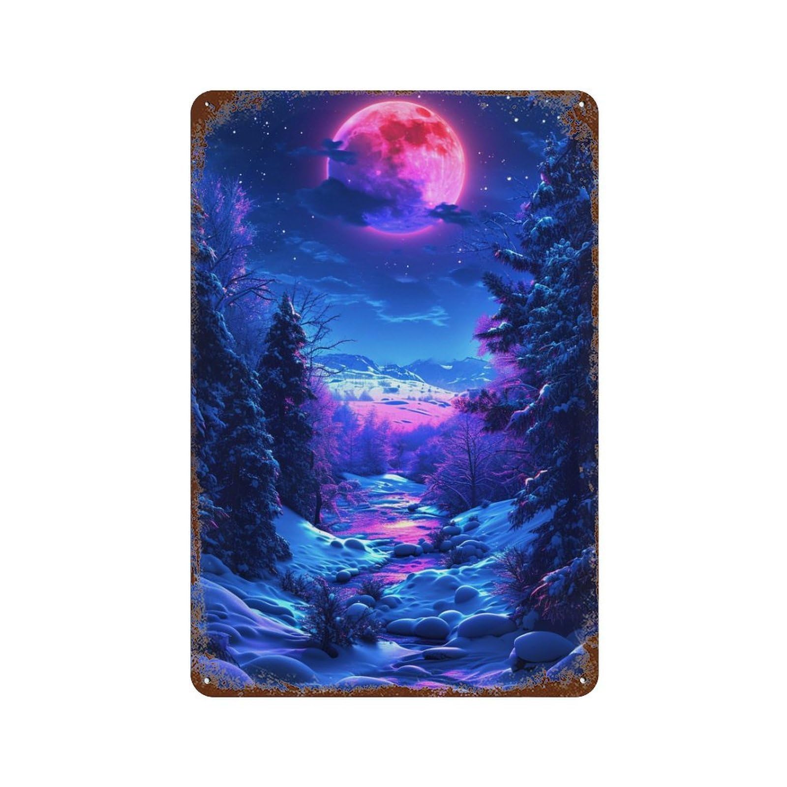 Winter Moonlit Forest Retro Metal Sign 11.8"x7.9", Classic Wall Plaque for Basement, Hobby Room And Garage Decor