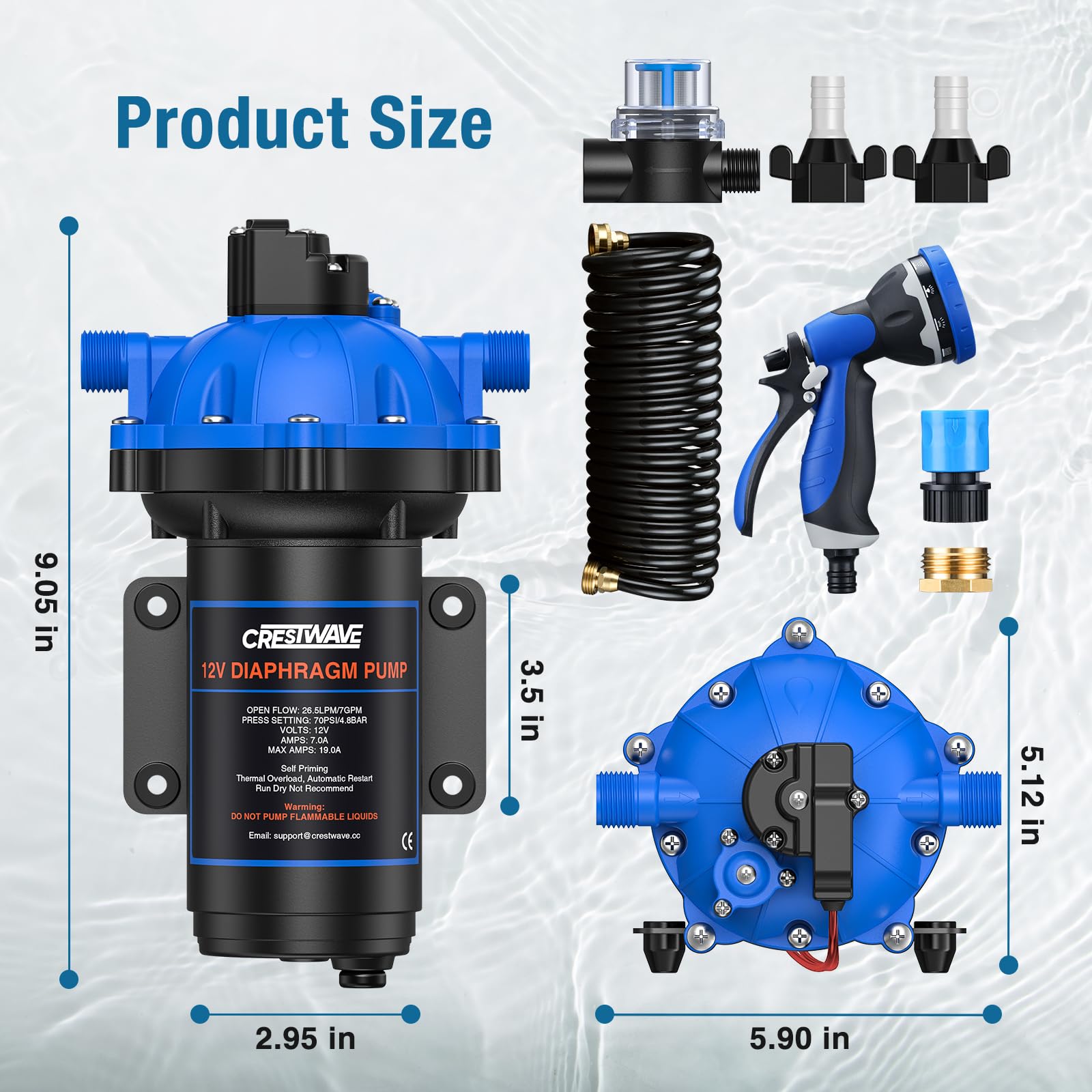 CrestWave Zestaw pompy myjącej 12 V DC, 7 GPM 70 PSI do łodzi z dyszą natryskową, 5-komorowa samozasysająca membranowa pompa wodna z przełącznikiem ciśnieniowym i sitkiem do łodzi, kamperów, morskich
