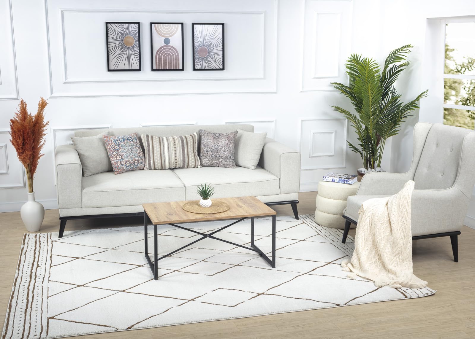 Livabliss Hannah Linkka Geometric Design Rug – Scandi Style Living Room 200x275 cm, Dining Kitchen Use, Neutral Abstract Pattern, Boho Style, Easy Care Pile, Cream Orange Brown