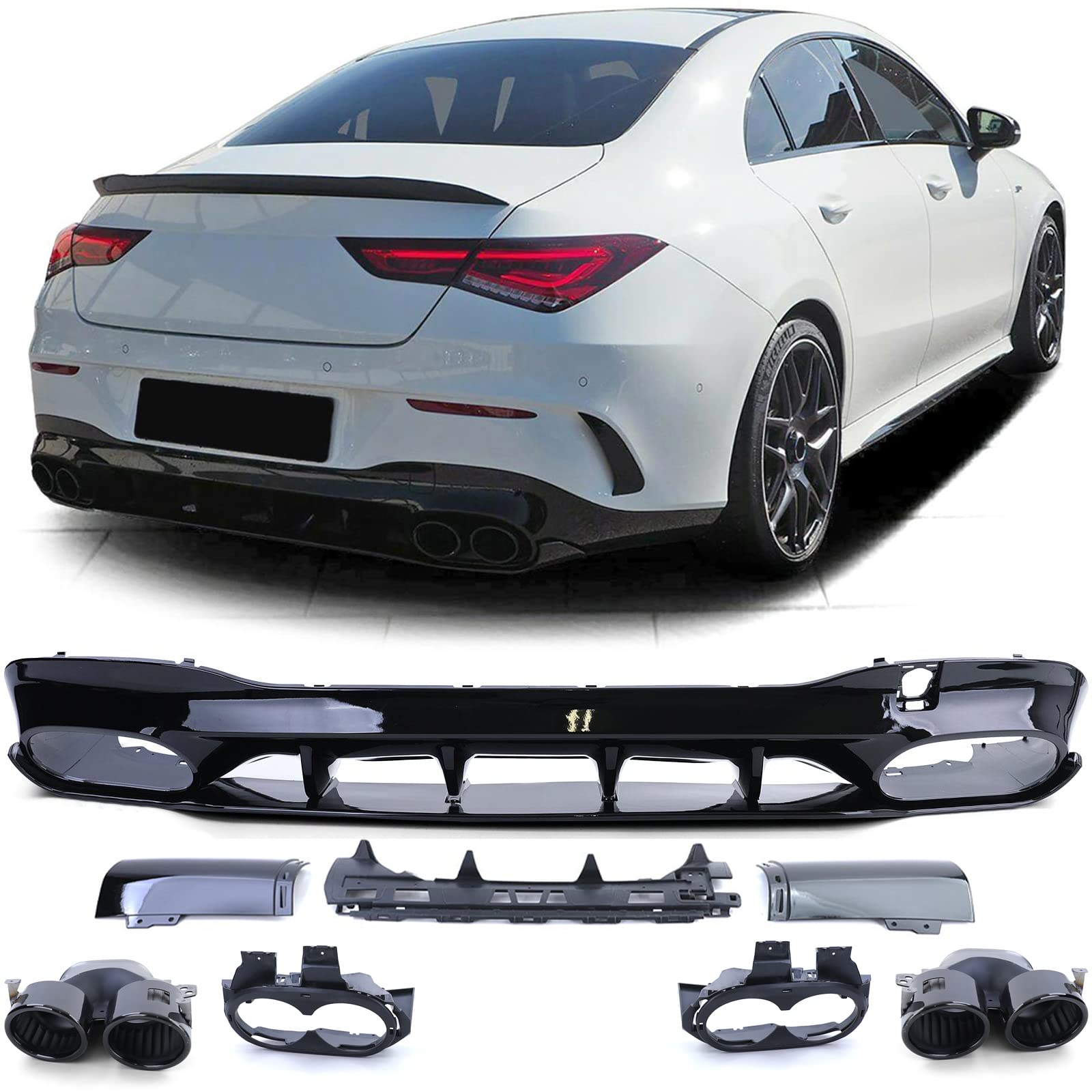 Heckdiffusor Schwarz Glanz + Doppel Endrohre Schwarz für Mercedes CLA C118 X118