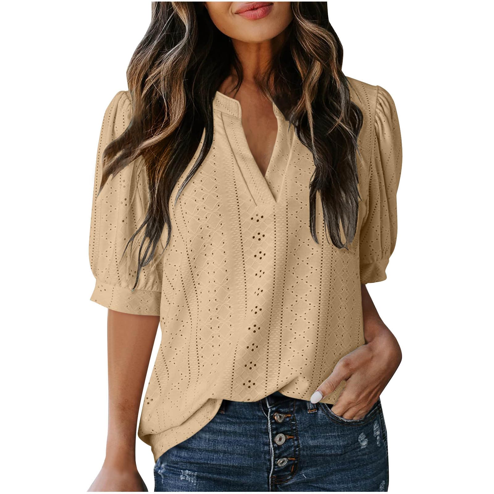Womens Short Sleeve Shirts V Neck Dressy Spring Summer Tops Lantern Sleeve Trendy Vacation Casual Work Blouses