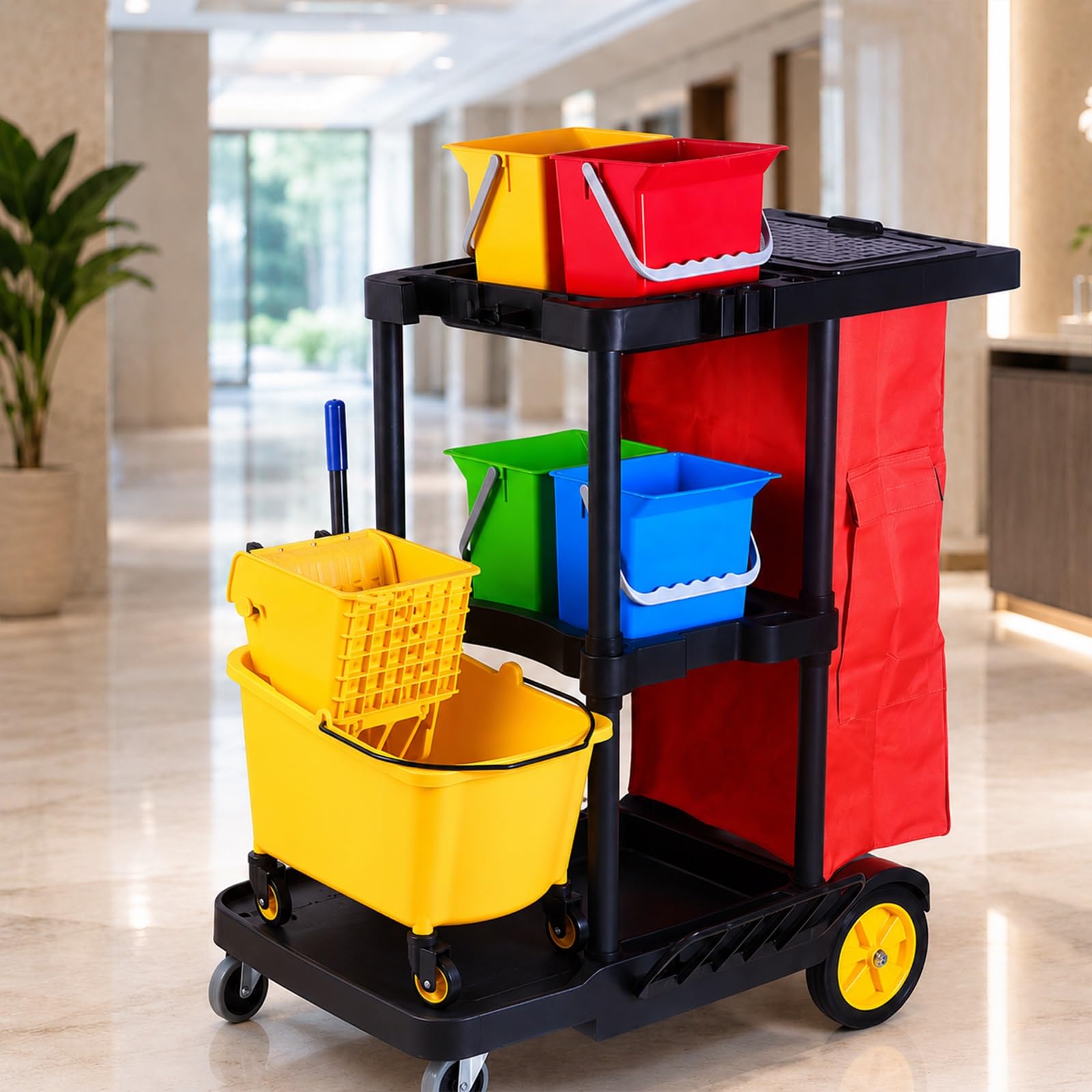 Cleaning Trolley on Wheels with 4 x 6 L Buckets and Bag,Janitorial cart, storage trolley, cleaning product carrier, for hotel and restaurant, 110 x 56 x 101(32 L Mop Bucket Cart with Wringer)