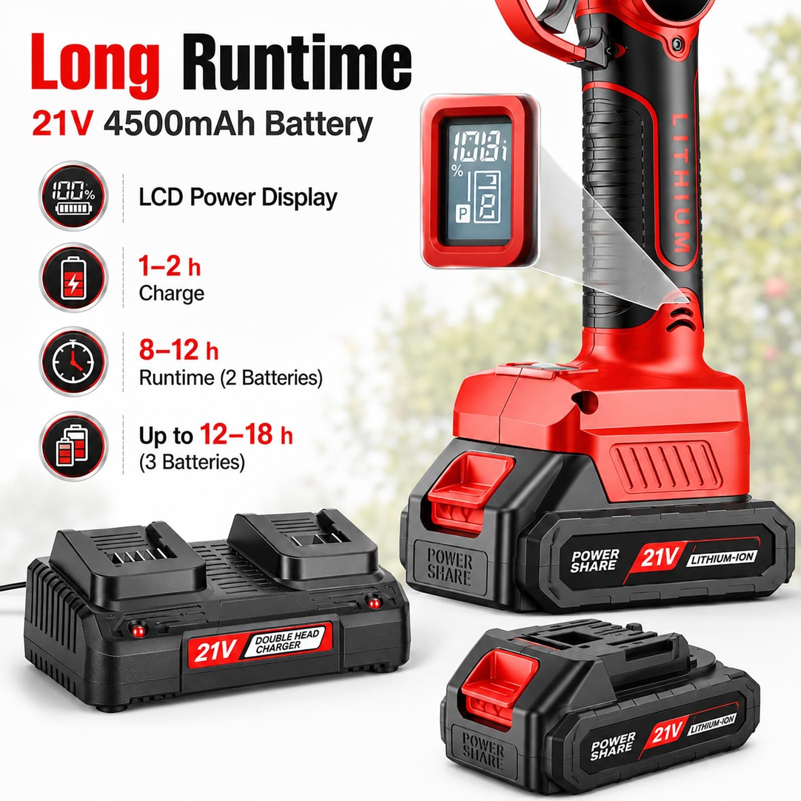 Tijeras De Podar EléCtricas InaláMbricas Profesionales Con PéRtiga Extensible, Pantalla Lcd, BateríAs De 21 V Y 2000 Mah Y Cuchilla De Acero Sk5 DiáMetro MáXimo De Corte: 35 Mm(1-Battery)