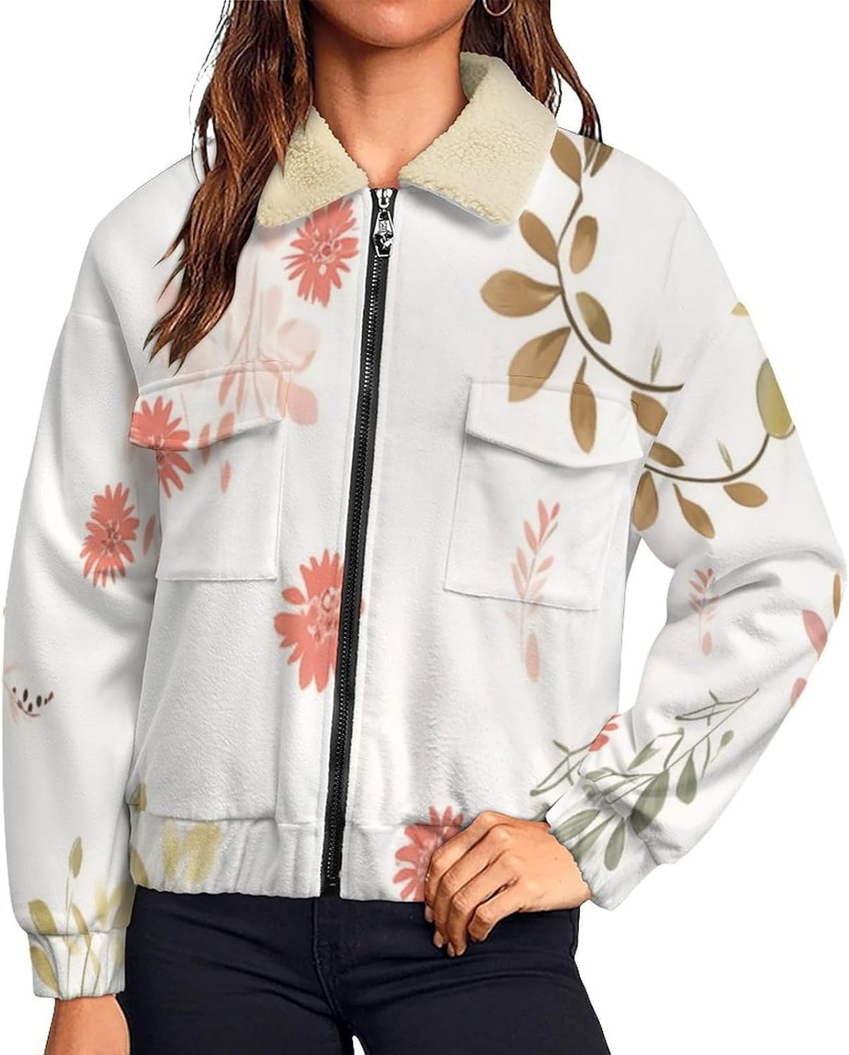 Womens Fuzzy Sherpa Fleece Jacket, Zip Up Small flower leaves Printed Sweatshirts, Long Sleeve Winter Warm Coat