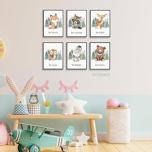 Miniatura 8 de gooptyinh Arte de pared en lienzo de animales del bosque para guardería, 6 pósters de impresión inspiradores de animales del bosque, citas