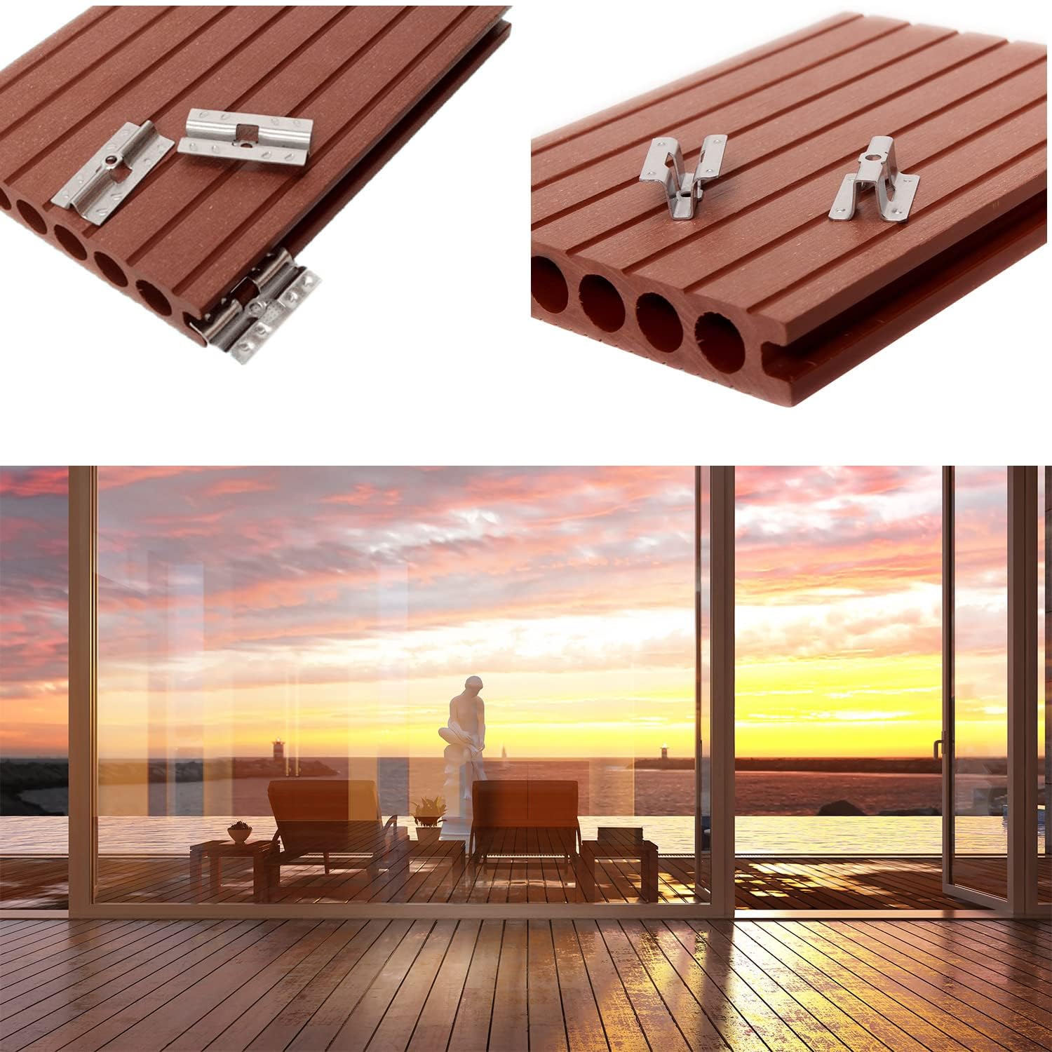 100 clip di fissaggio in acciaio inox per terrazze, clip di fissaggio nascoste, distanziatori con 100 viti per WPC/BPC, chiusura in legno di bambù