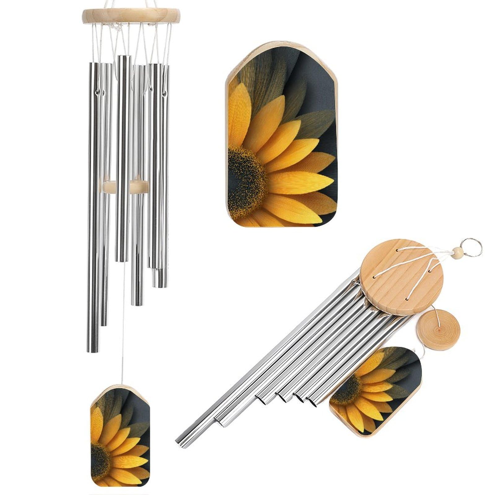 Yellow And Black Sunflower Simple Lines Wind Chimes Memorial Deep Tone Windchime with 6 Aluminum Tubes Outdoor Backyard Garden Decoration