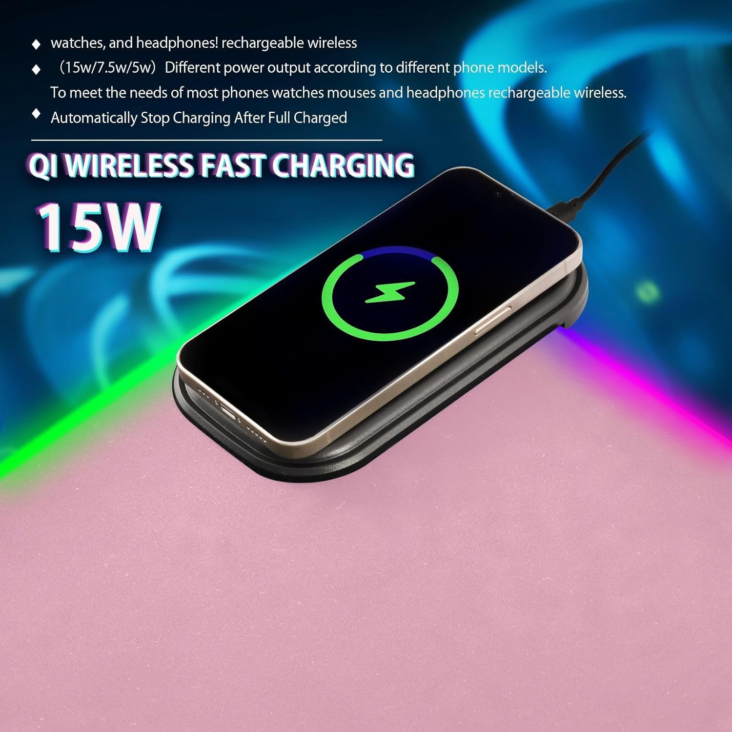Pink Custom Wireless Charging Mouse Pad for Mobile Phone Personalized Extra Large Gaming Mousepad with 13 Lighting Modes Computer Mat for Gaming MacBook PC Laptop Desk Home Office