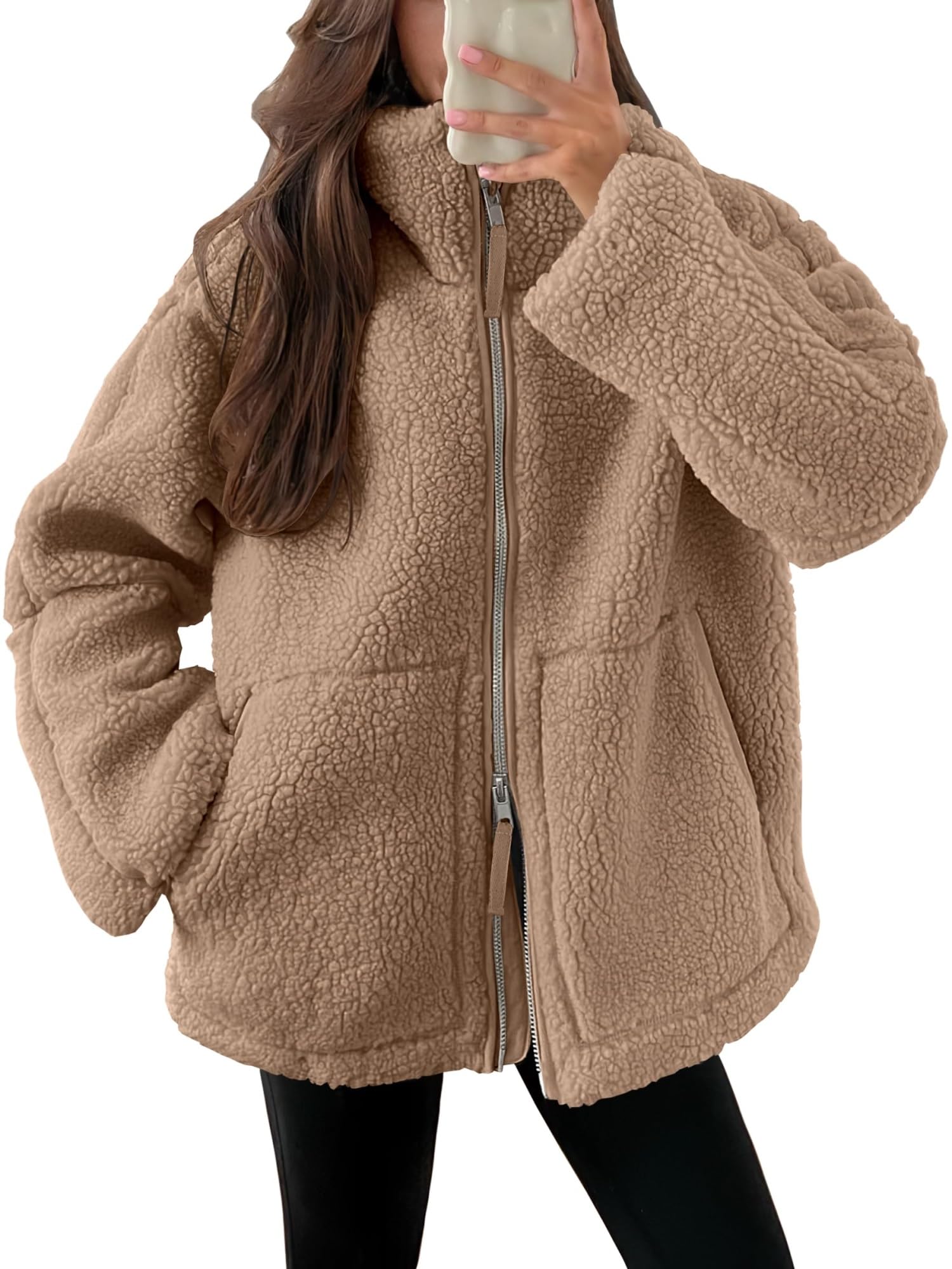 Damska kurtka polarowa Oversize Zip Up Sherpa Fuzzy Casual Płaszcze Zimowa, jesienna odzież wierzchnia Odzież z kieszeniami