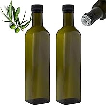 mikken 2 x Oil Bottles 500 ml with Spout Green/Brown Oil Dispenser Glass Bottle with Dispenser and Labels