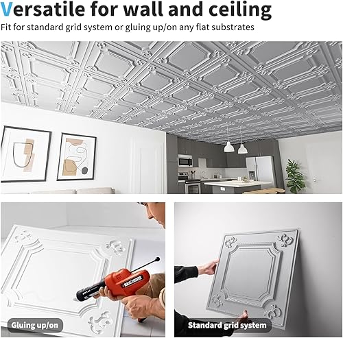 Miniatura 6 de Art3d Azulejos de techo colgantes de 24 x 24 pulgadas en plata argente (paquete de 12, 48 pies cuadrados), paneles de revestimiento de cera adhesiva