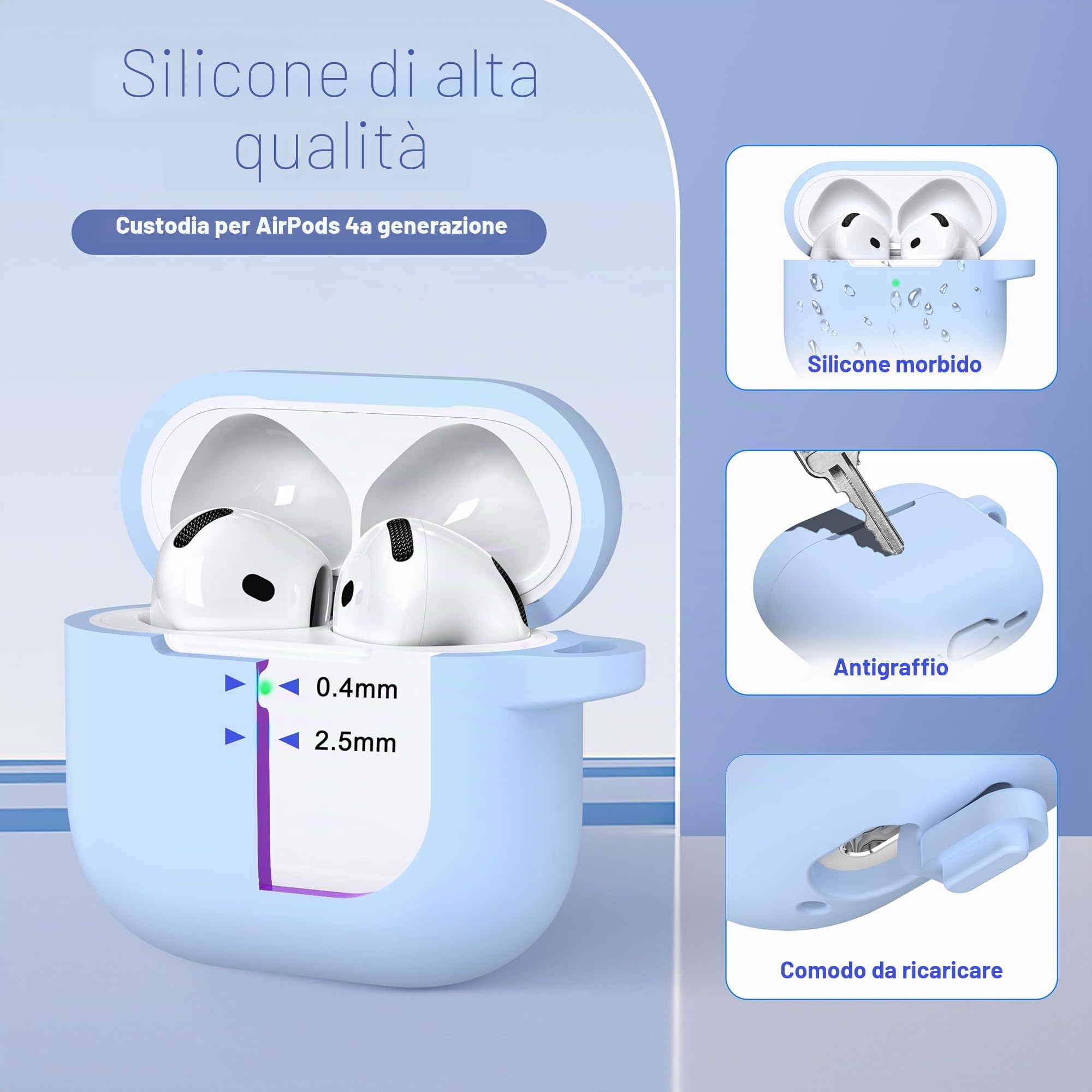 Custodia AirPods 4 2024 Silicone Morbido Grado Militare con Portachiavi Azzurro Cielo