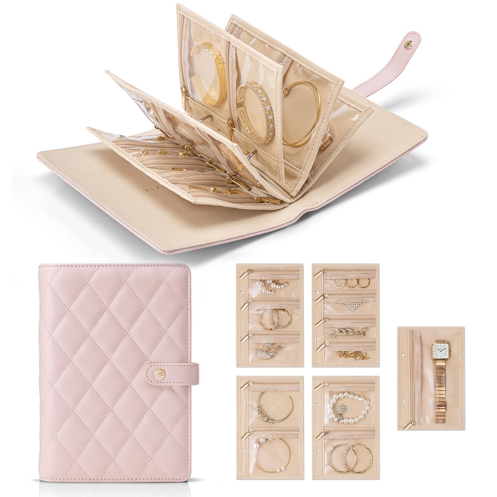 Travel Jewelry Case,Graduation Gifts,Jewelry Organizer Box with Clear Zipper Velvet Jewelry Pouch Bag, PU Leather Jewelry Case,Gift for Women-Pink Jewelry Boxes & Organizers