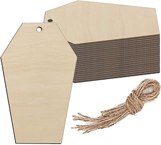 Coffin Wood DIY Crafts Cutouts Wooden Tombstone Shaped Hanging Ornaments with Hole Hemp Ropes Wood Tags for Easter Wedding Birthday Halloween Christmas Decorations (2.5x3.94 in, 20-Pack)