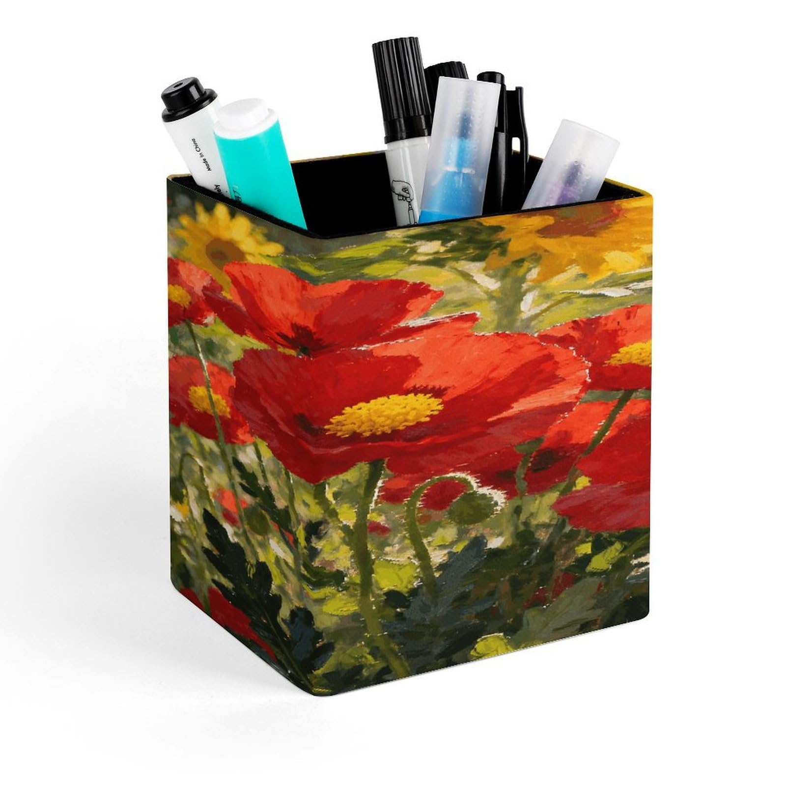 LZQPOEAS Reddish Yellow Square Pen Pencil Holder PU Leather Pencil Cup Desktop Stationery Organizer Office Accessories Container