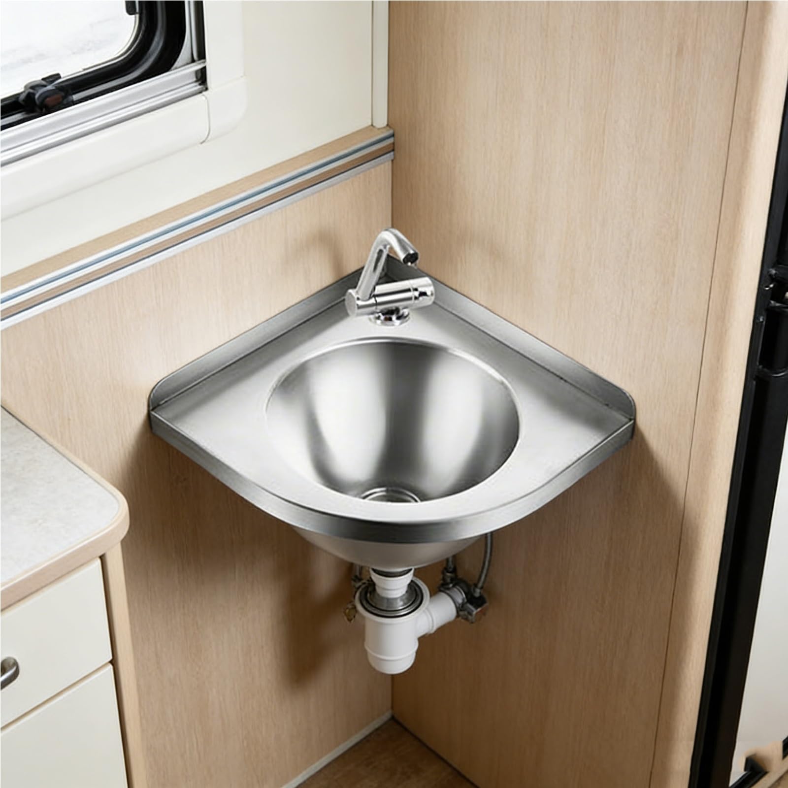 Fregadero Portatil Camping Plateado, Lavabo Caravana de Acero Inoxidable 304, Fregadero Pequeño con Grifo Plegable, Apto para Campers y Casas Rodantes
